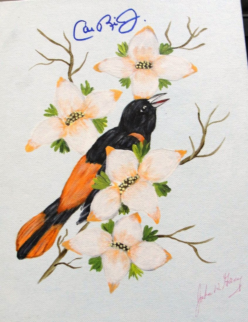 John Wayne Gacy autographed painting on canvas board: Original AUTHENTIC "Orioles " painting by serial killer, John Wayne Gacy. Painting measures 9" x 12" (canvas panel). -- The painting is signed twice. Once on the front and again on the back. Writing o