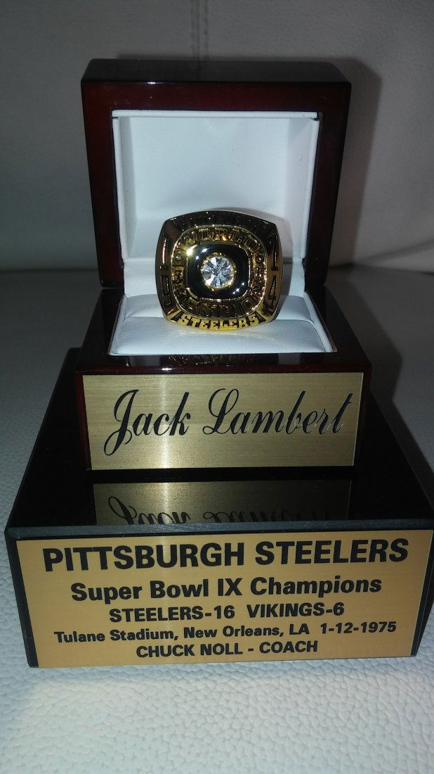 Jack Lambert #58 Pittsburgh Steelers Super Bowl IX: This ring was given to Pittsburgh Steelers tough man middle linebacker #58 Jack Lambert. Jack Lambert and the Steelers Steel Curtain Won Super Bowl IX 16 - 6 against the Minnesota Vikings. This Ring i