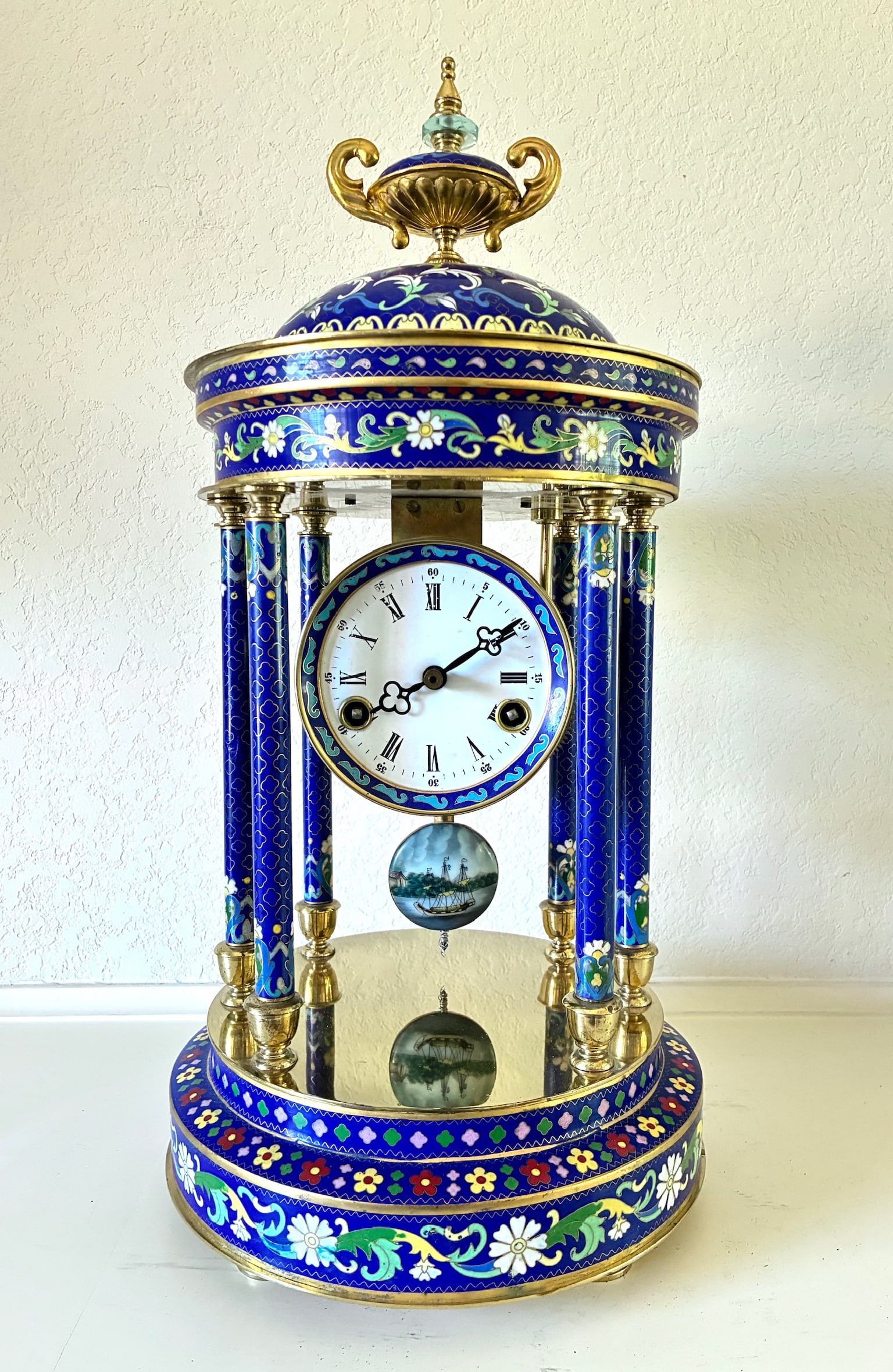 Brass + Cloissone Portico Clock: 20" tall x 9" x 9"