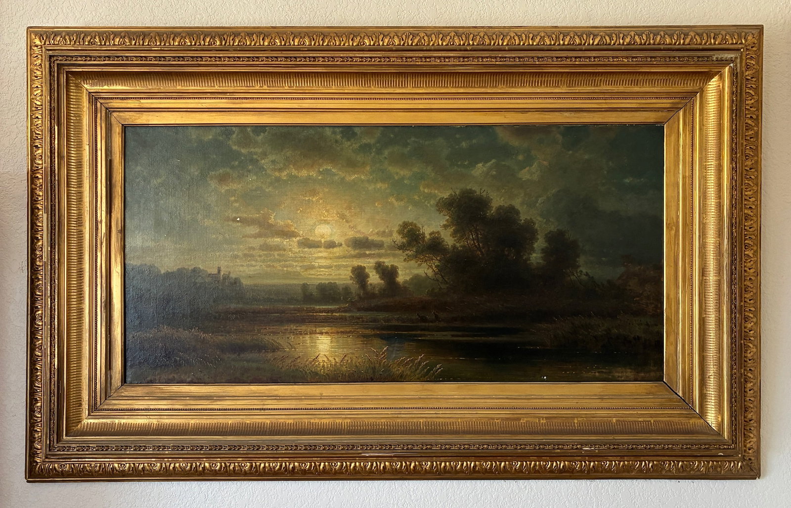 Antique German Original Painting on Canvas: Frame: 59.5" x 37" Visible art: 43.5" x 20.75"