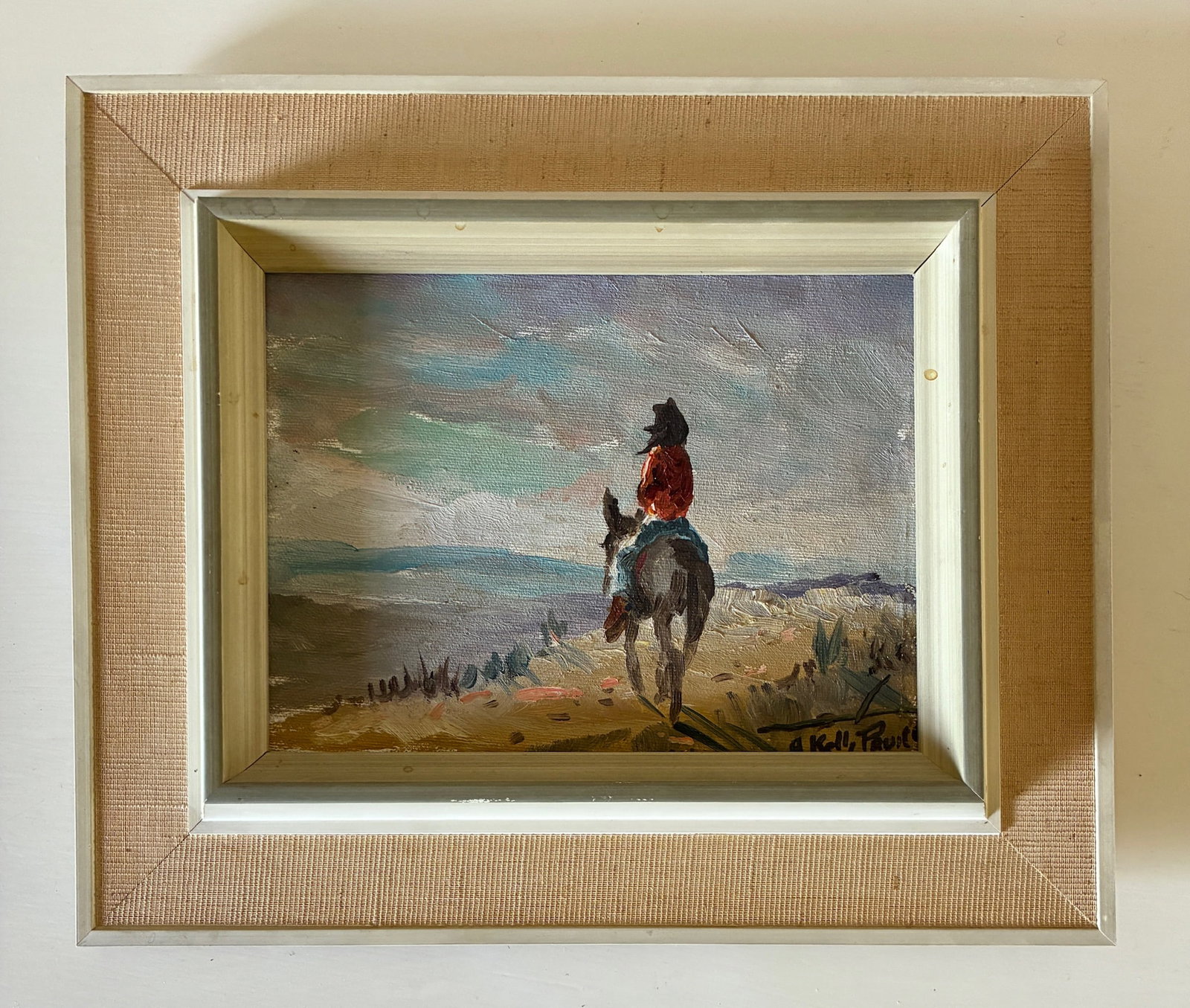 A. Kelly Pruitt Figure on Horse Oil on Board: Original art Frame: 12" x 10" Visible art: 7.5" x 5.5"