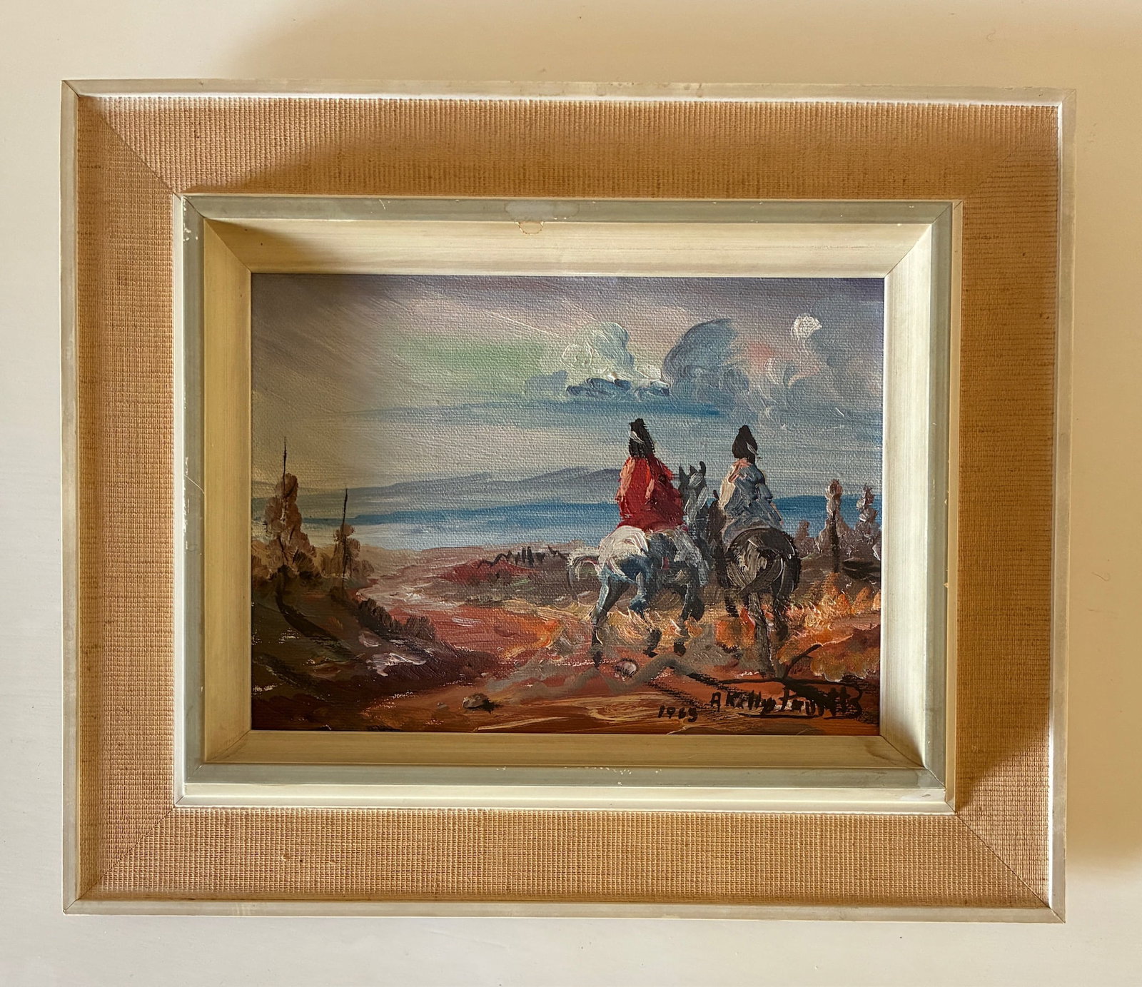 A. Kelly Pruitt 1969 Oil on Board 2 Figures on Horses: Original oil on board Frame: 12" x 10" Visible art: 7.5" x 5.5"