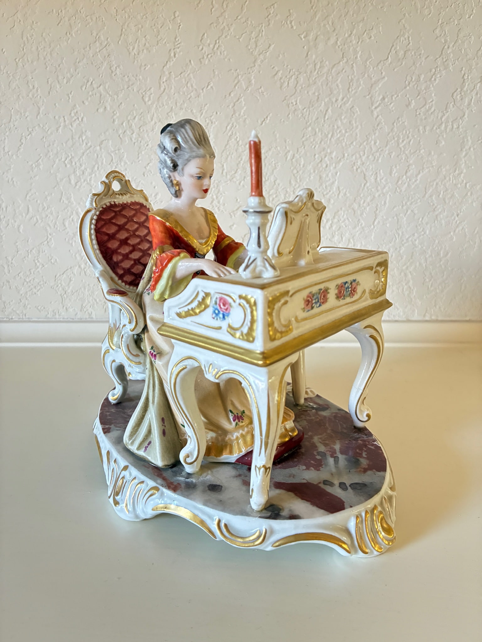 Dresden German Porcelain Figurine Piano Player: 7.25" x 5.25" x 6.5" Mark on base