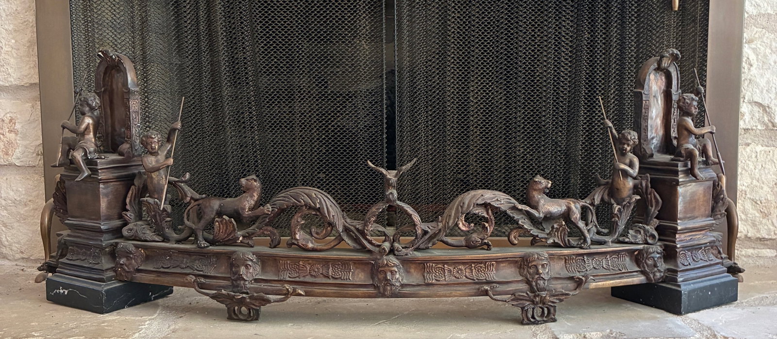 Maintland Smith Figural Fireplace Fender: 41" wide x 14.75" tall x 5" wide Bronze with marble base