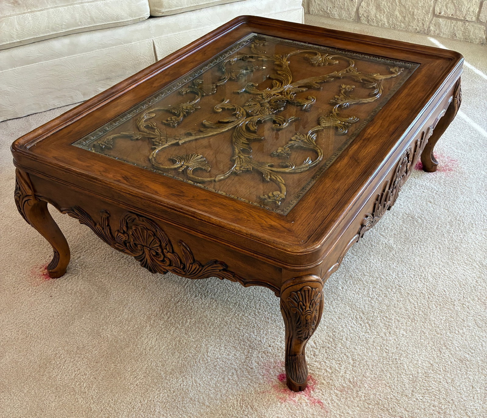 Ornate Carved Glass Top Coffee Table (1 of 6)