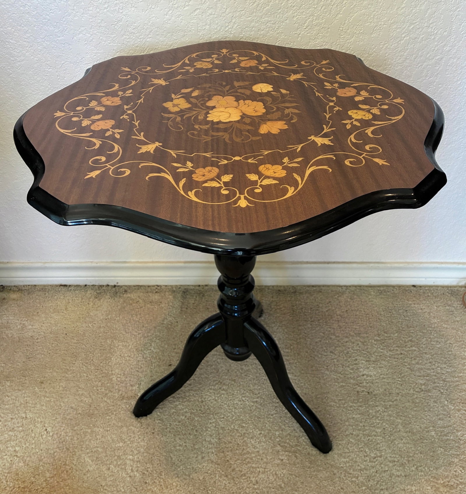 Italian 3-Legged Inlaid Table: 22" wide x 23.5" tall
