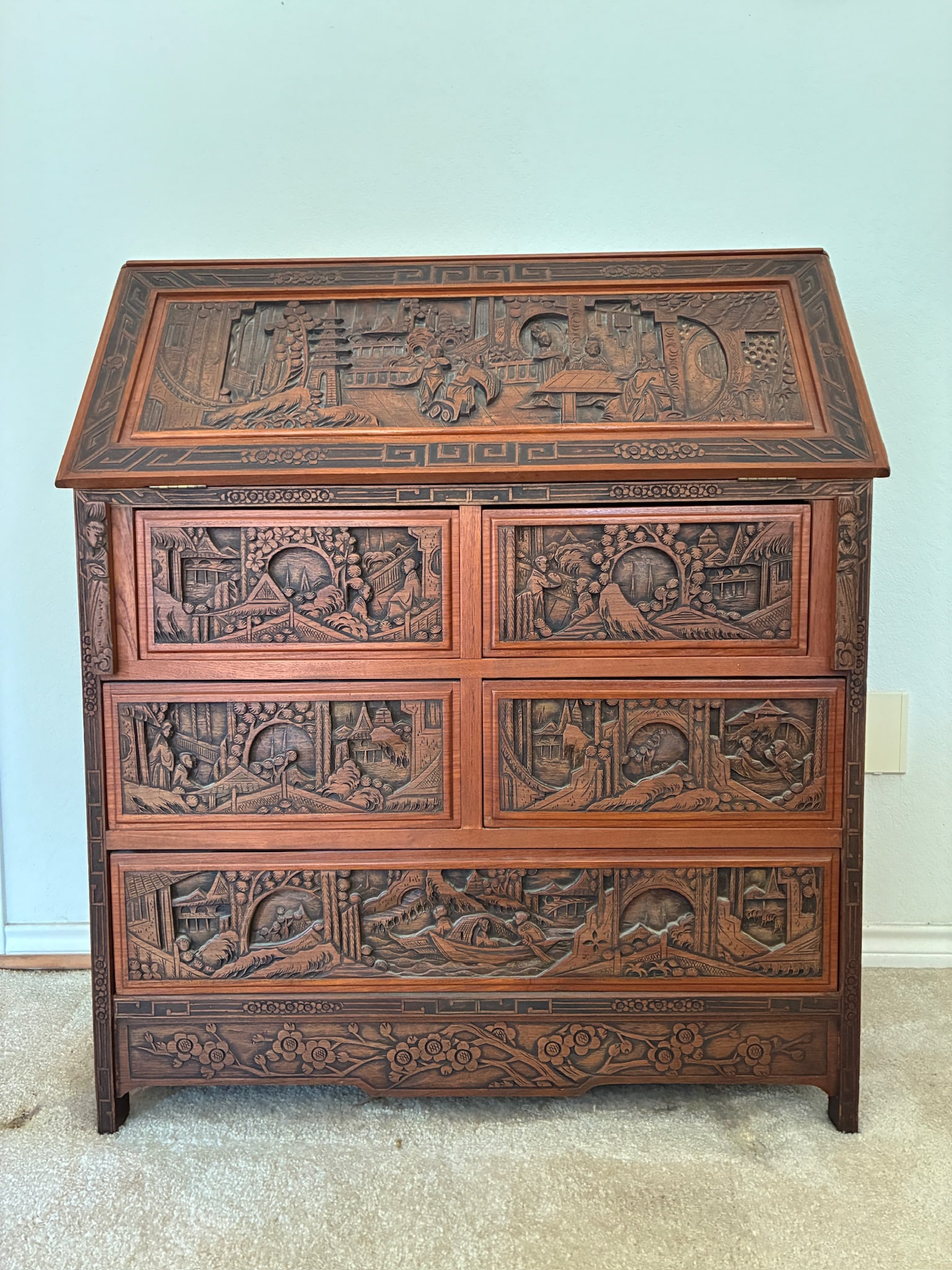Vintage Hand Carved Asian 5-Drawer Secretary: 36" x 16" x 41" 5 drawers with slide out desk.