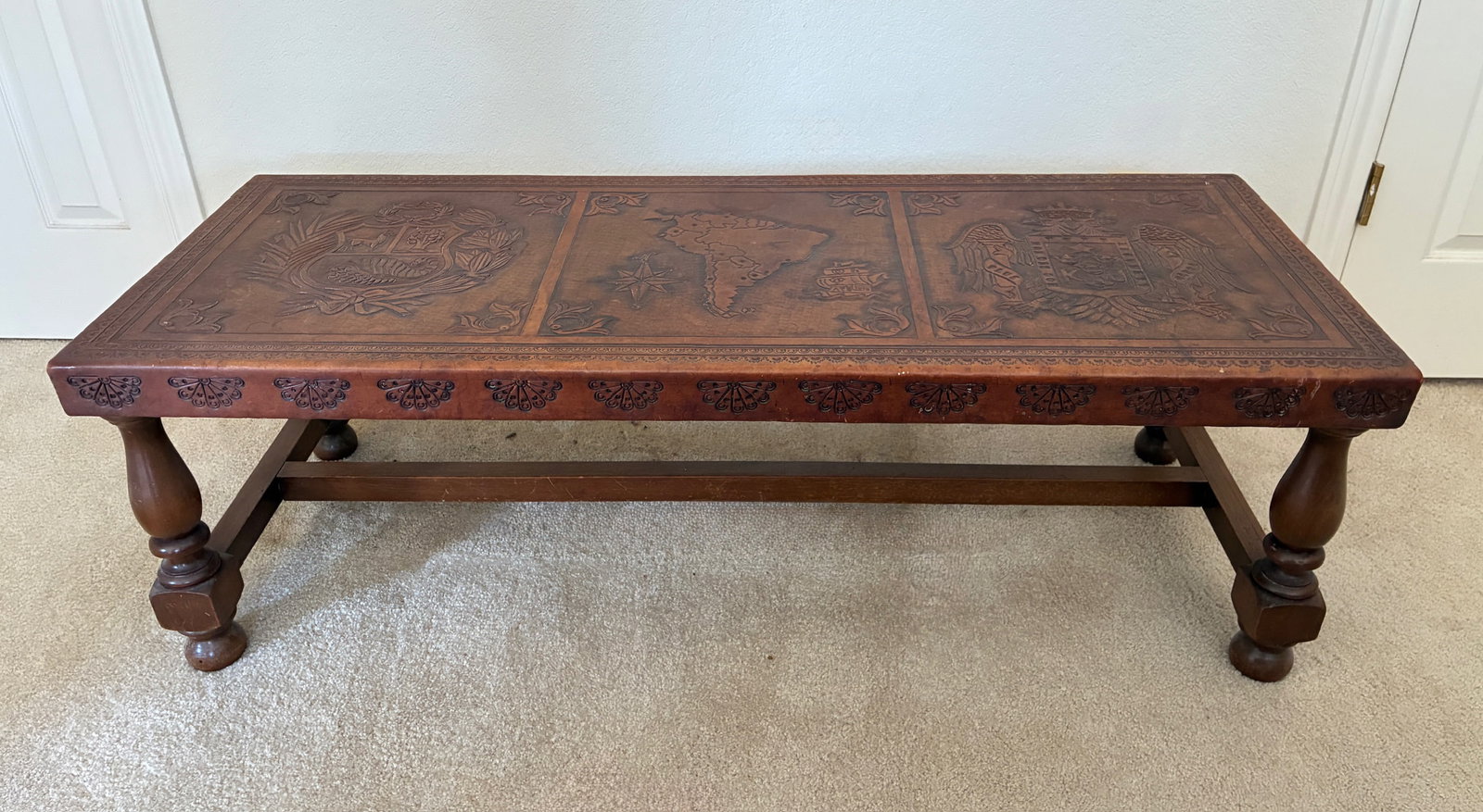 Hand Tooled Leather Bench: 50.5" x 20" x 16"