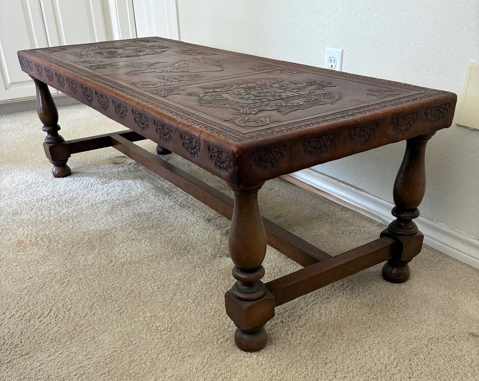 Hand Tooled Leather Bench - 5