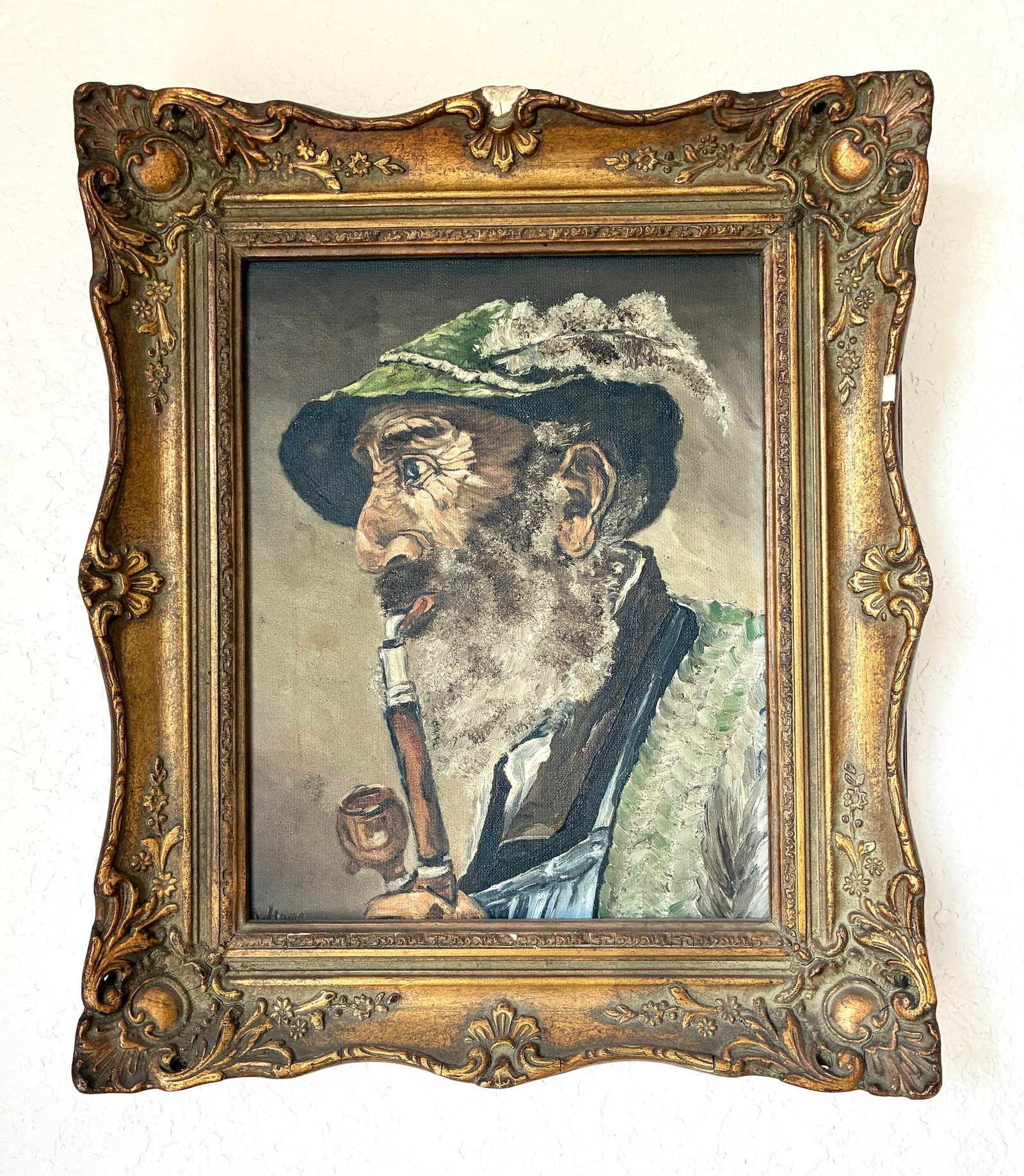 Framed Painting of Bearded Man with Pipe: Frame: 15.75" x 13.25" x 1.75"