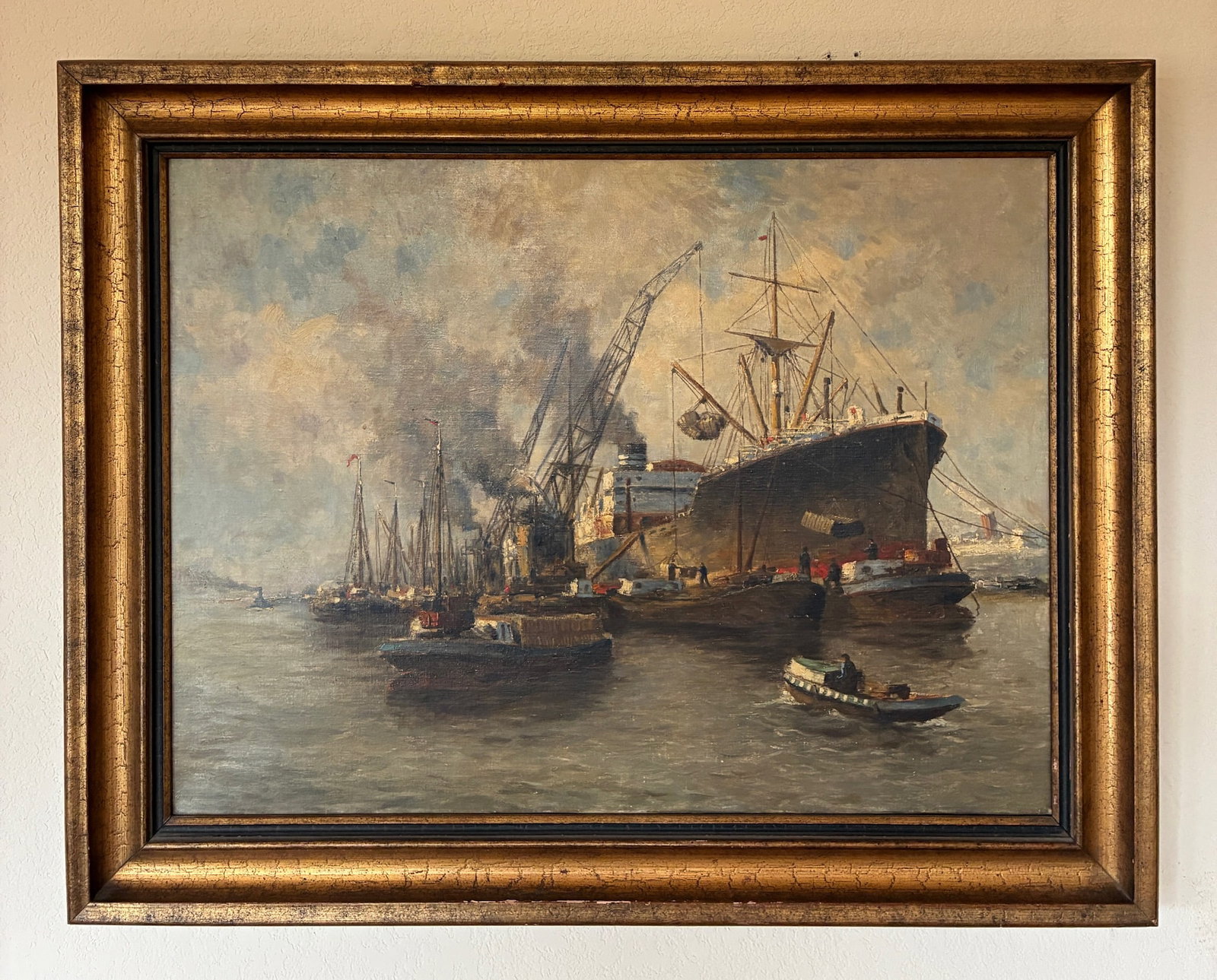 Antique Original Framed Nautical Painting: Frame: 37.25" x 29.5" x 2" Visible art: 30.75" x 23"