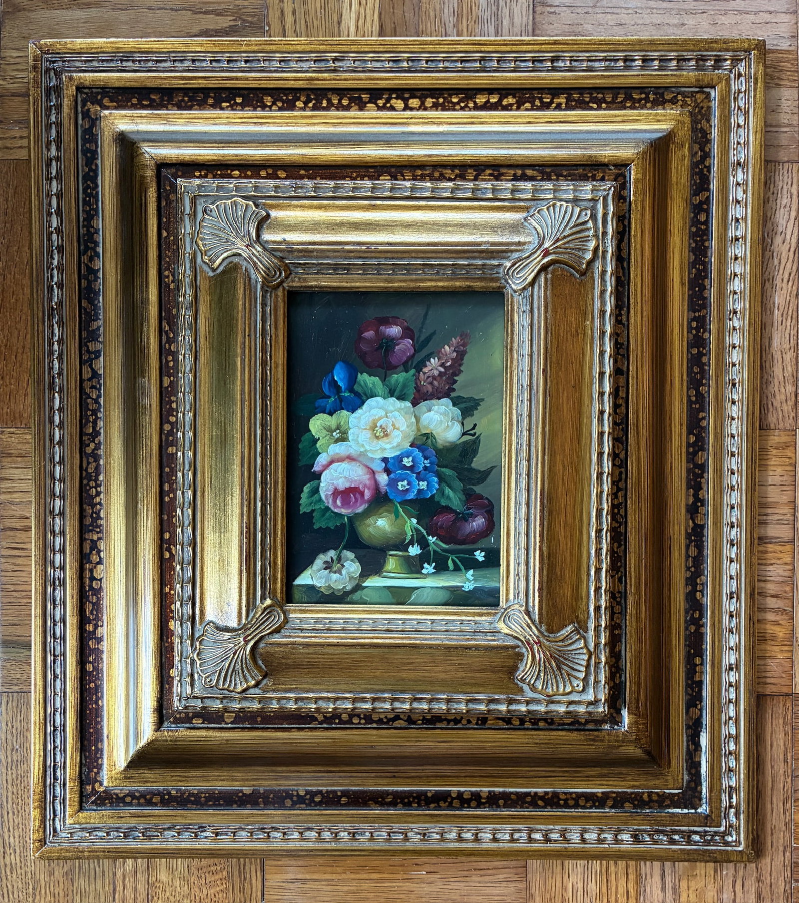 Floral painting on board. Framed.: Frame: 18" x 16" x 2" Visible art: 6.25" x 4.25"