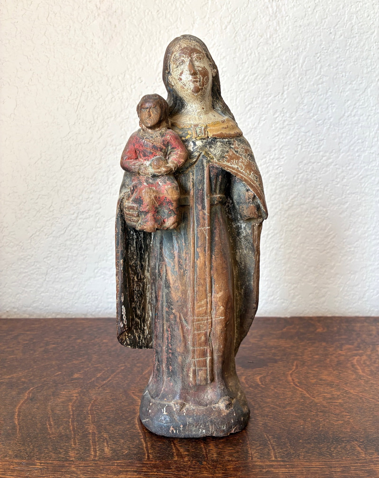 Antique Wood Carving of Madonna Child: 10.25" tall
