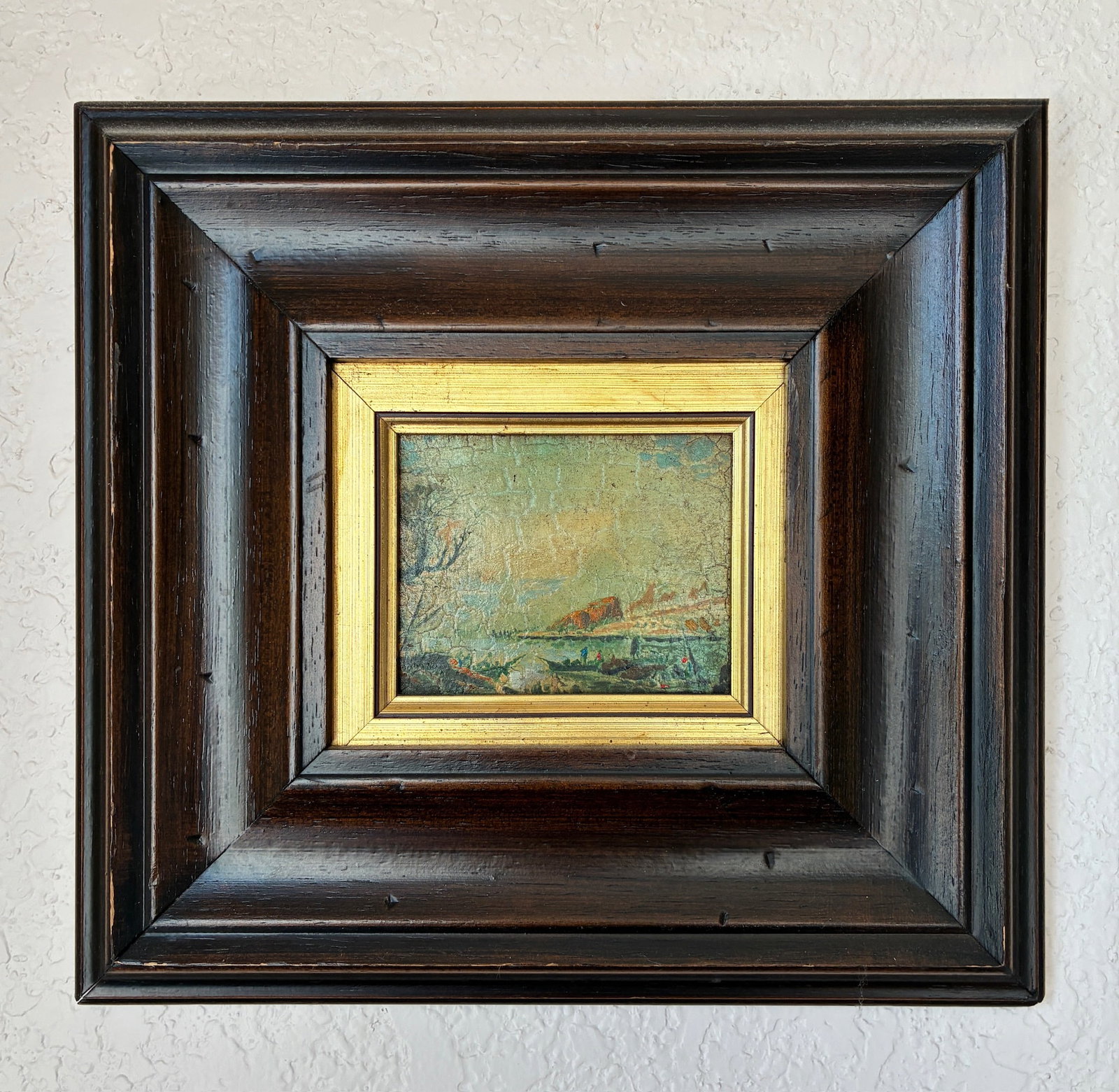 Antique Miniature Landscape on Board: Visible art measures: 3.5" x 2.75" Frame measures: 11" x 10.25"