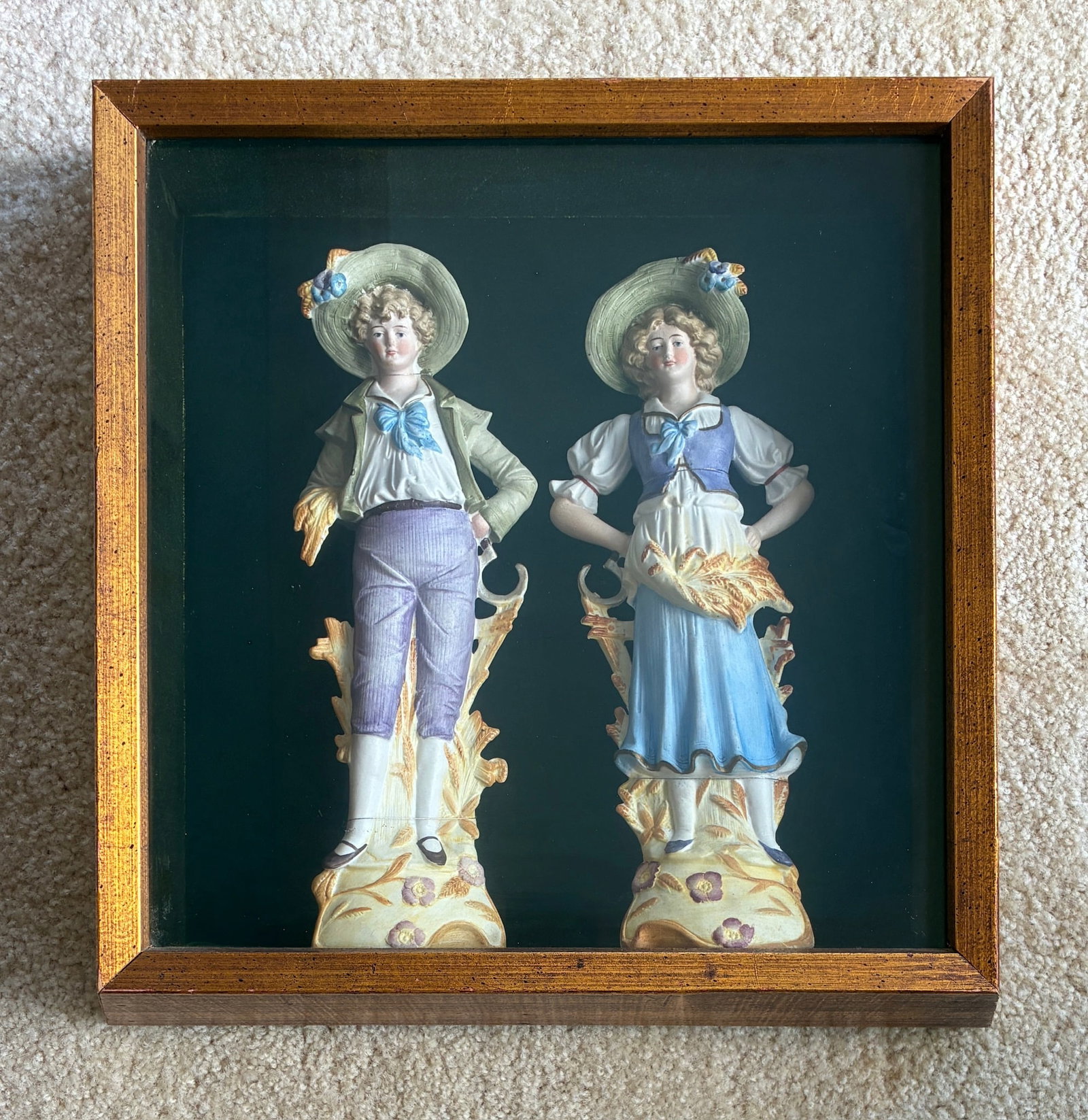 Framed German Bisque Figurines: 15" x 15" x 3.75"