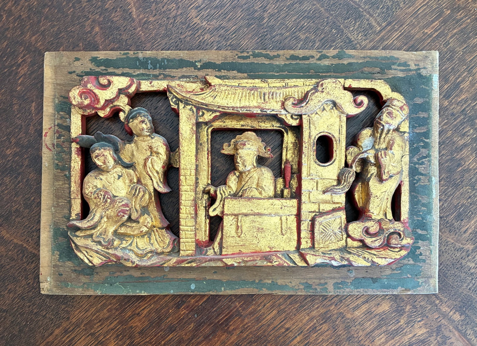 Chinese High Relief Gilded Hand Carved Wood Panel: 8.25" x 5" x 0.5"