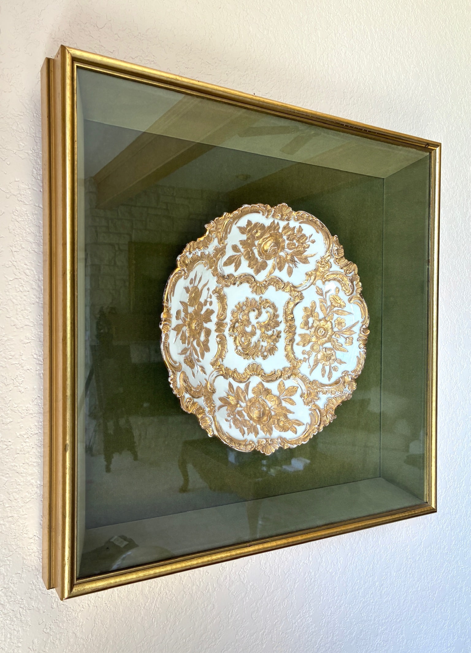 Framed Meissen Rococo Plate: Frame: 21" x 21" x 3" Gilded floral design.