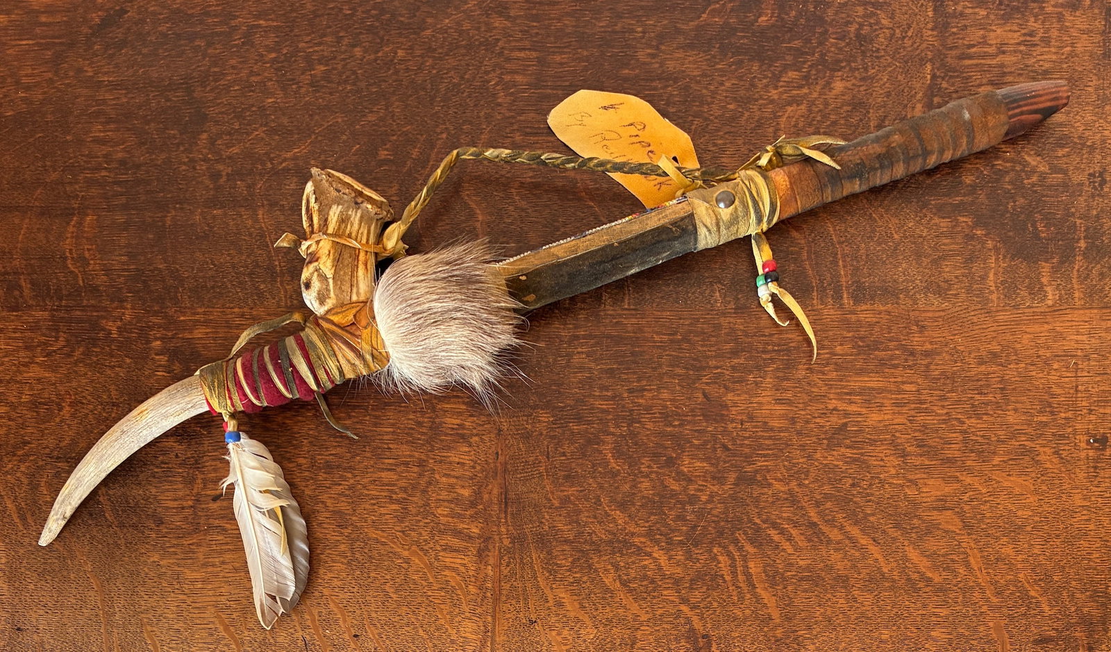 Native American Pipe by Red Hawk with Bone, Beads and Wood: 26.5" long