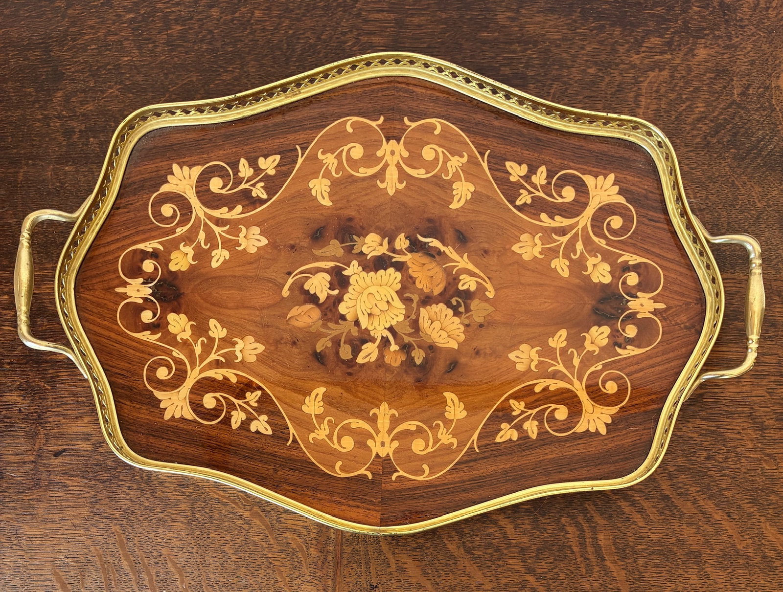 Vintage Italian Marquetry Serving Tray with Brass Rim + Handles (1 of 4)