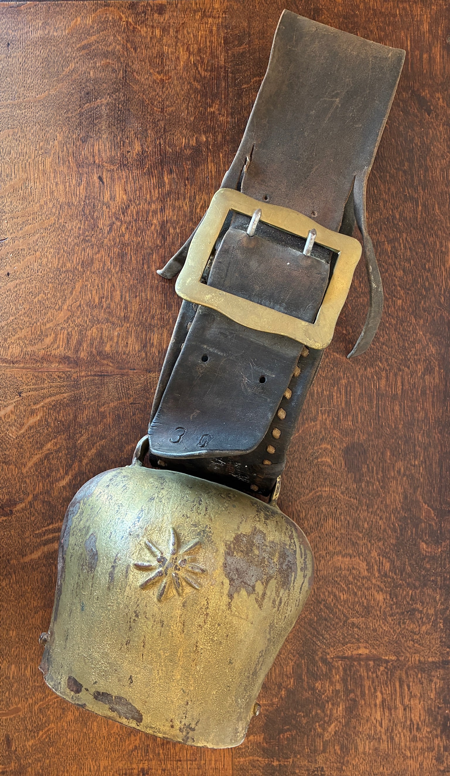 Large Vintage Cow Bell with Leather Collar: Bell: 8" wide x 7" long x 5" deep