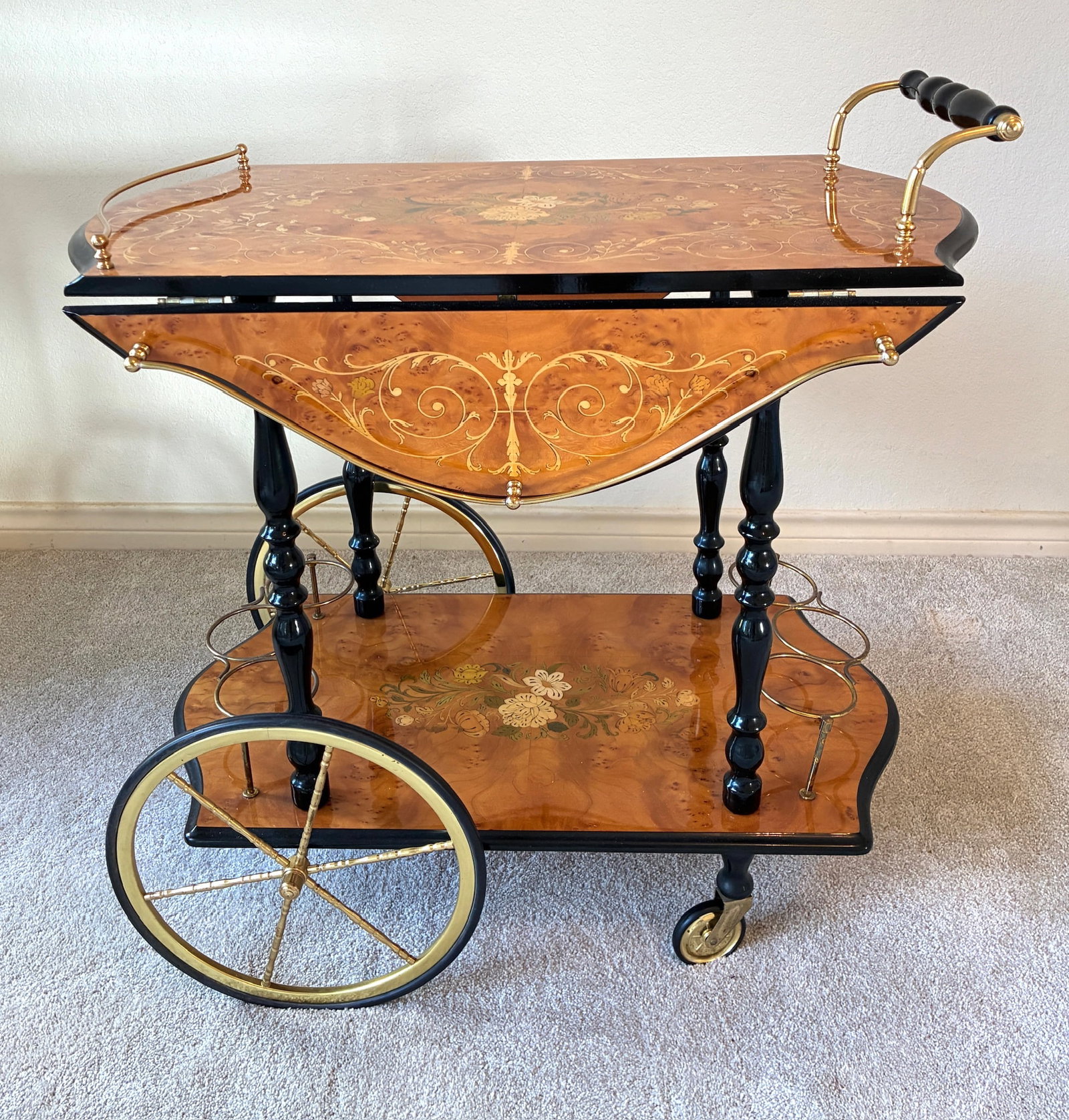 Vintage Fine Italian Burlwood Marquetry Tea Cart: 29.5" long x 17.25" wide x 27" tall