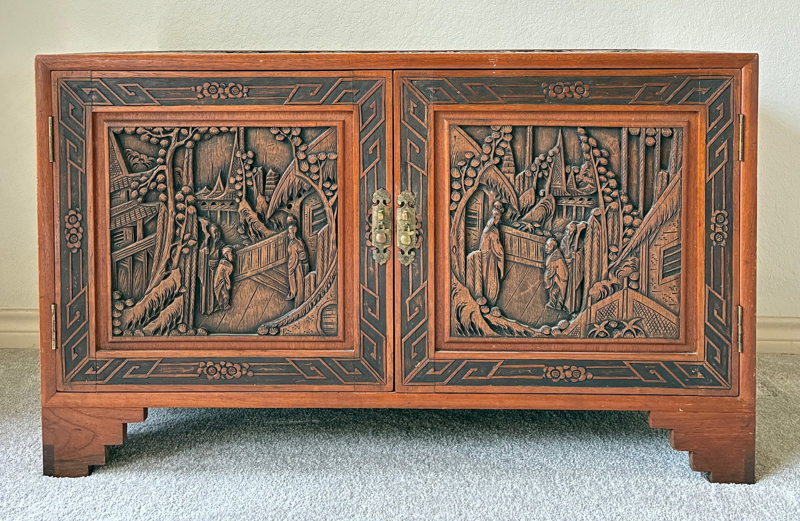 Asian Carved Wood Sideboard with Four Drawers (1 of 11)