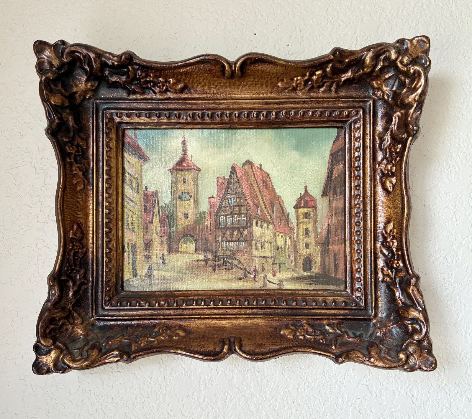 German Street Scene Oil on Canvas: Frame: 14.5" x 12" x 2.5"