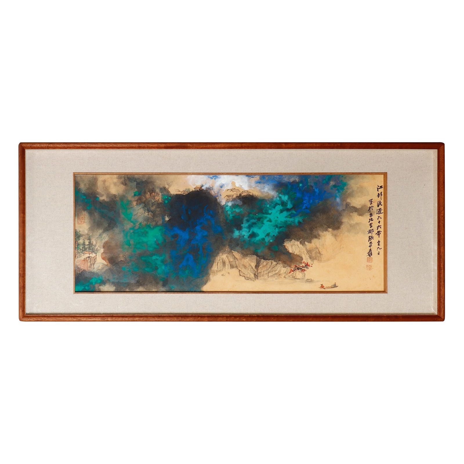 ZHANG DAQIAN, SPLASH-COLOR LANDSCAPE PAINTING, INK AND COLOR ON PAPER: Dimensions: 35 7/8 x 13 3/8 in; framed dimensions 48 x 20 1/8 in Zhang Daqian's splash-color landscapes represent one of the most innovative developments in twentieth-century Chinese painting,