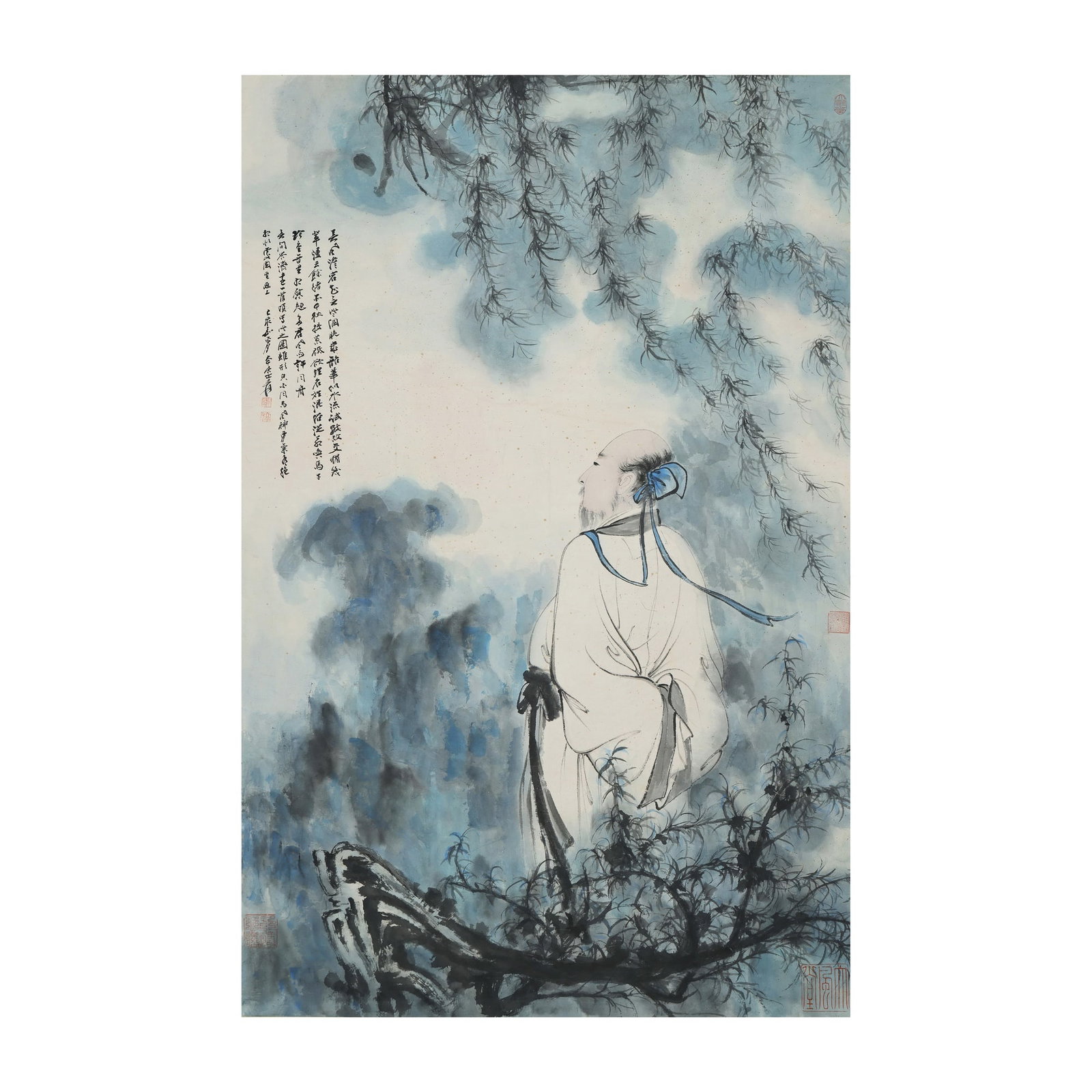 ZHANG DAQIAN, FIGURE PAINTING HANGING SCROLL, INK AND COLOR ON PAPER: Dimensions: 57 1/8 x 36 5/8 in Zhang Daqian's artistic legacy extends far beyond landscape painting, encompassing figure compositions distinguished by elegance, refinement, and extraordinary