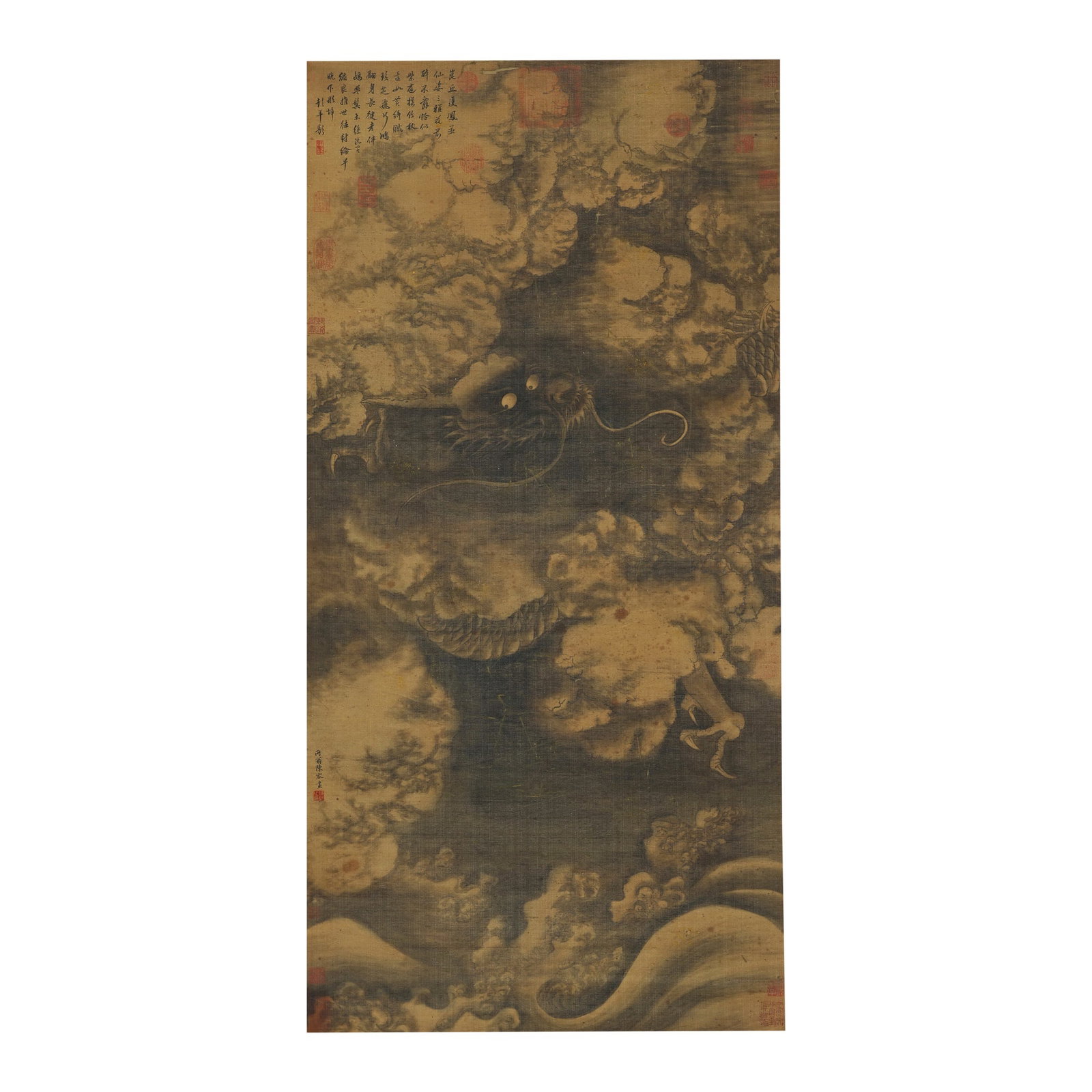 CHEN RONG, DRAGON PAINTING HANGING SCROLL, INK ON SILK: Dimensions: 53 1/8 x 24 3/4 in Chen Rong's dragon paintings occupy a legendary position within Chinese art history due to their unparalleled fusion of expressive brushwork and mythological imagery.