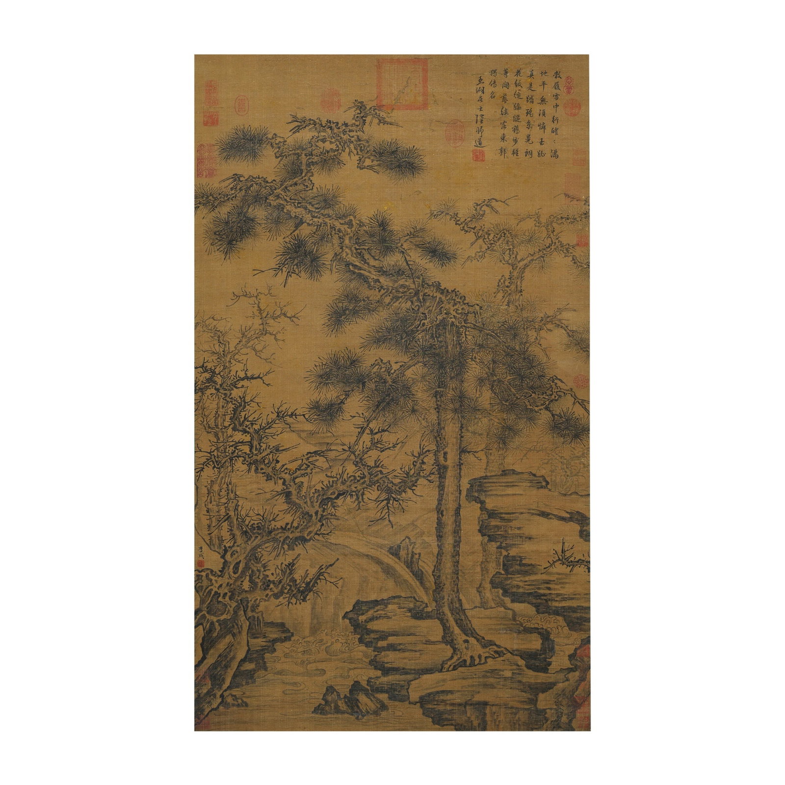 LI CHENG, LANDSCAPE PAINTING HANGING SCROLL, INK ON SILK: Dimensions: 41 3/4 x 24 3/4 in Li Cheng remains one of the defining masters of Northern Song landscape painting, revered for his majestic interpretations of mountains, forests, and winter scenery.