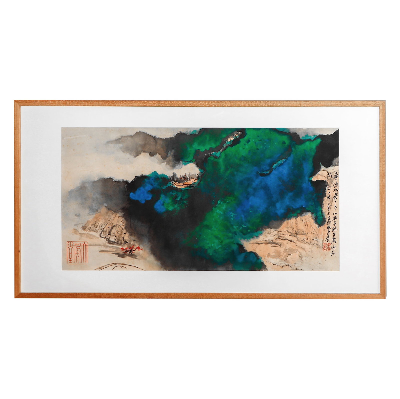 ZHANG DAQIAN, SPLASH-COLOR LANDSCAPE PAINTING, INK AND COLOR ON PAPER: Dimensions: 17 3/4 x 36 1/4 in; framed dimensions 24 3/4 x 48 3/8 in Zhang Daqian remains one of the most celebrated masters of modern Chinese painting, admired internationally for his ability to
