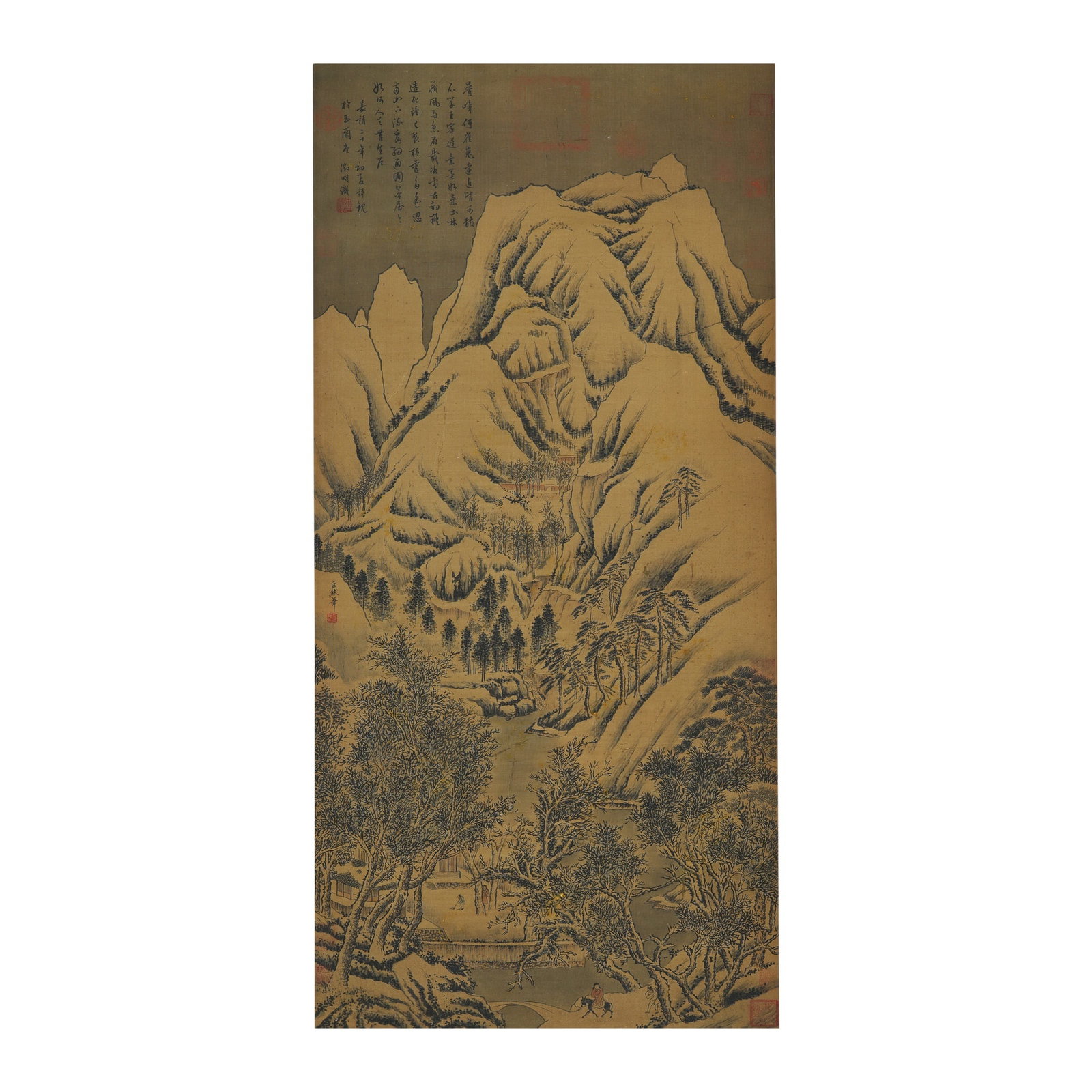 JU RAN, LANDSCAPE PAINTING HANGING SCROLL, INK ON SILK: Dimensions: 40 1/2 x 18 7/8 in Ju Ran occupies a central place in the history of Five Dynasties and early Song landscape painting, celebrated for his soft atmospheric brushwork and meditative
