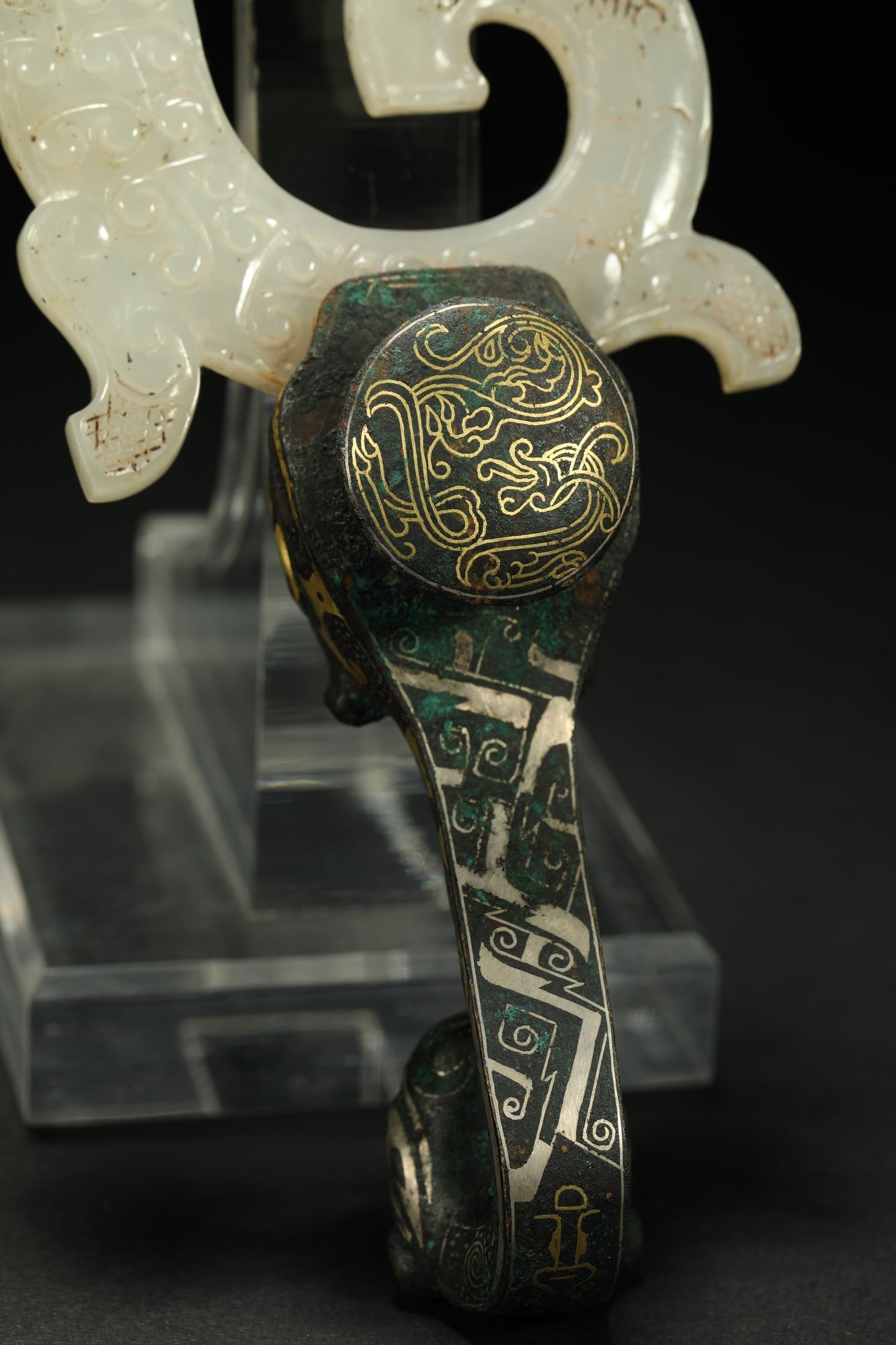 BRONZE GILT-SILVER JADE BELT HOOK - 5