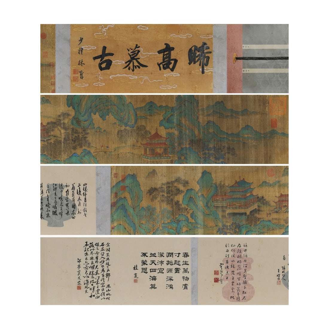 GUO XI, LANDSCAPE PAINTING HANDSCROLL, INK AND COLOR ON SILK: Dimensions: 11 3/4 x 79 1/2 in; overall length approximately 26 ft Guo Xi stands among the most celebrated masters of Northern Song landscape painting, revered for his monumental vision of nature and