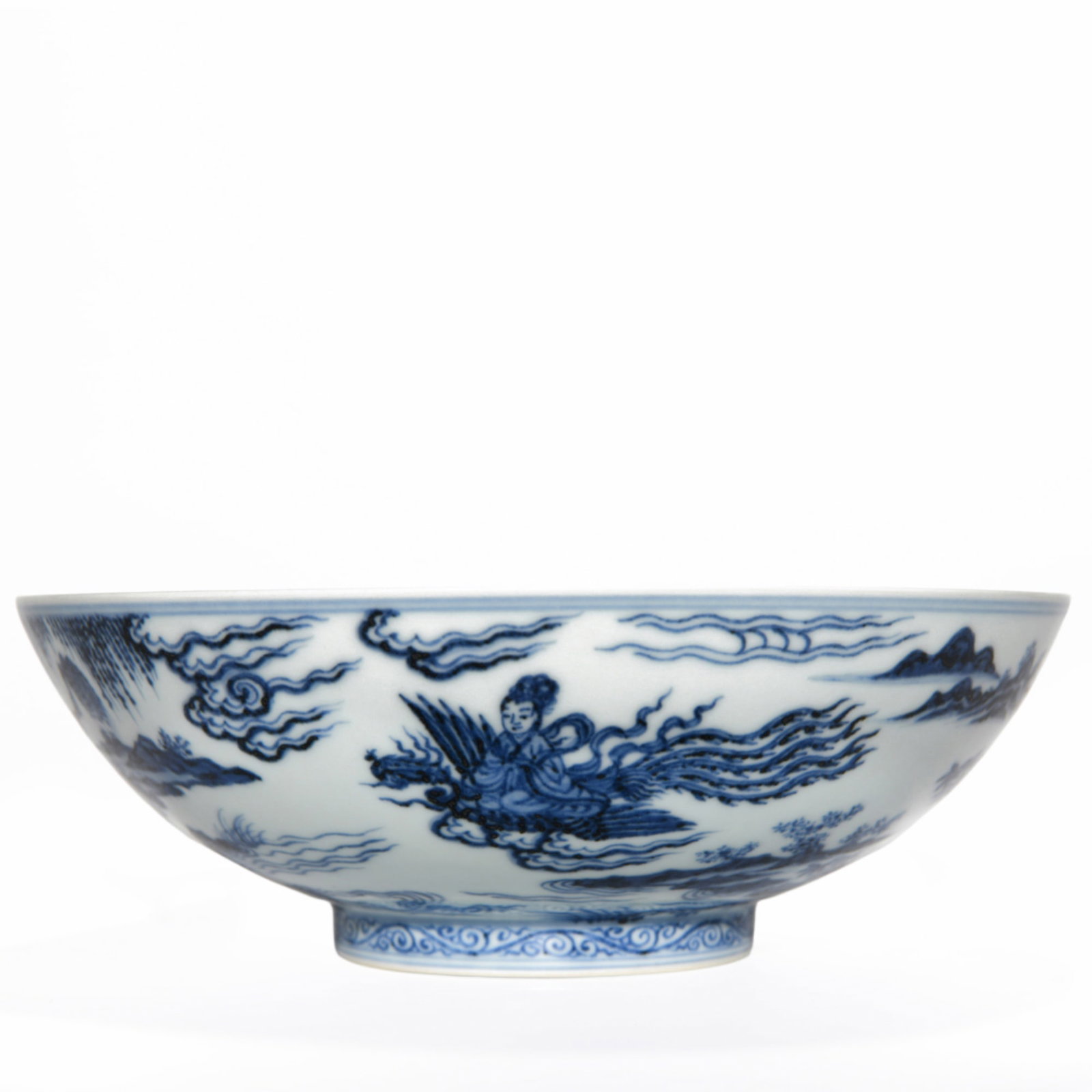 MING DYNASTY, XUANDE PERIOD, BLUE AND WHITE 'FIGURE' BOWL: Dimensions: 2 3/4 x 7 3/4 in A blue and white bowl painted with figural scenes, the exterior decorated in underglaze blue with narrative elements. Dimensions: 2 3/4 x 7 3/4 in (7 x 19.8 cm).