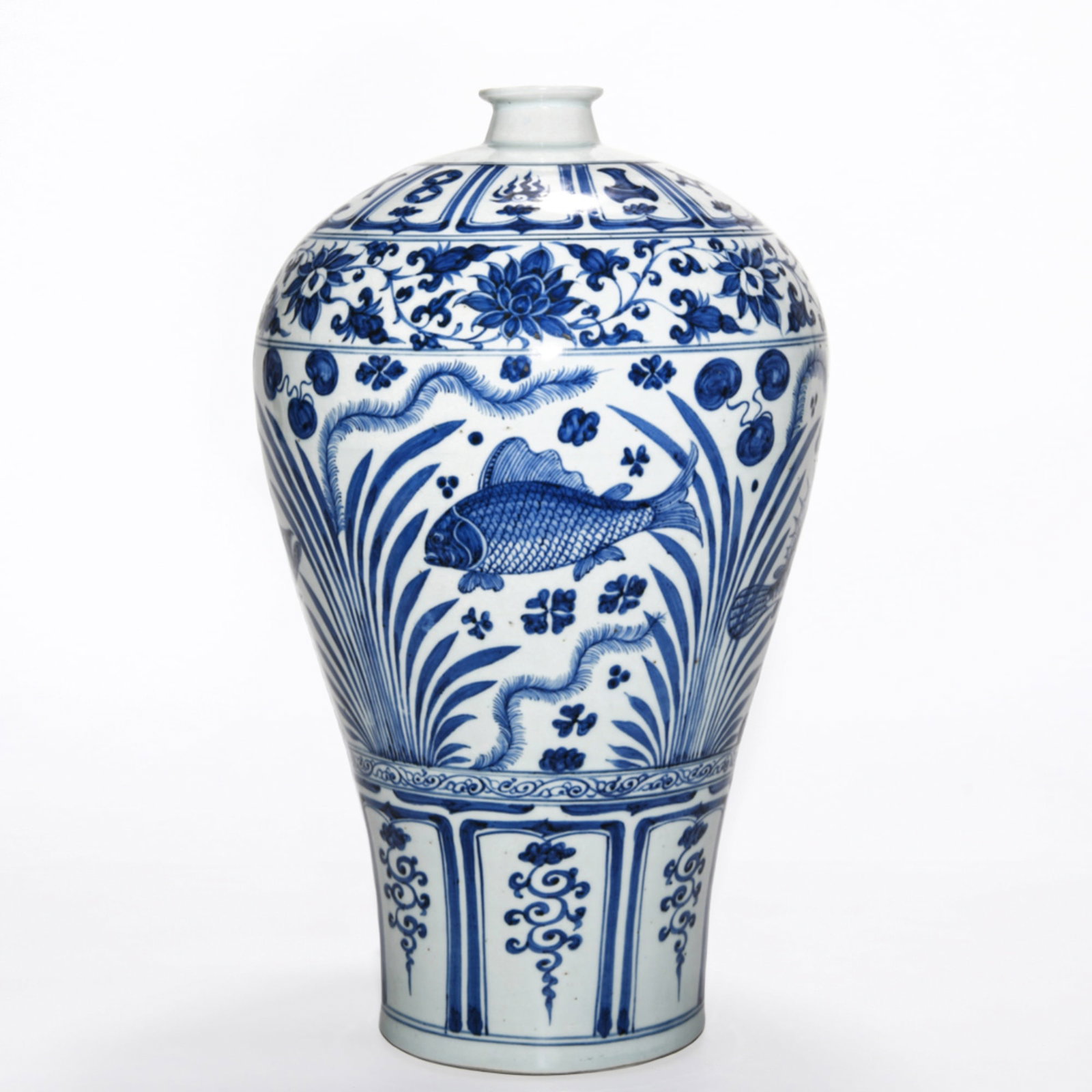 YUAN DYNASTY BLUE AND WHITE 'FISH AND ALGAE' MEIPING VASE: Dimensions: 16 1/2 x 10 in This extraordinary olive-form vase is lavishly decorated in a luminous turquoise ground enriched with elaborate famille rose enamels and extensive gilt detailing. The