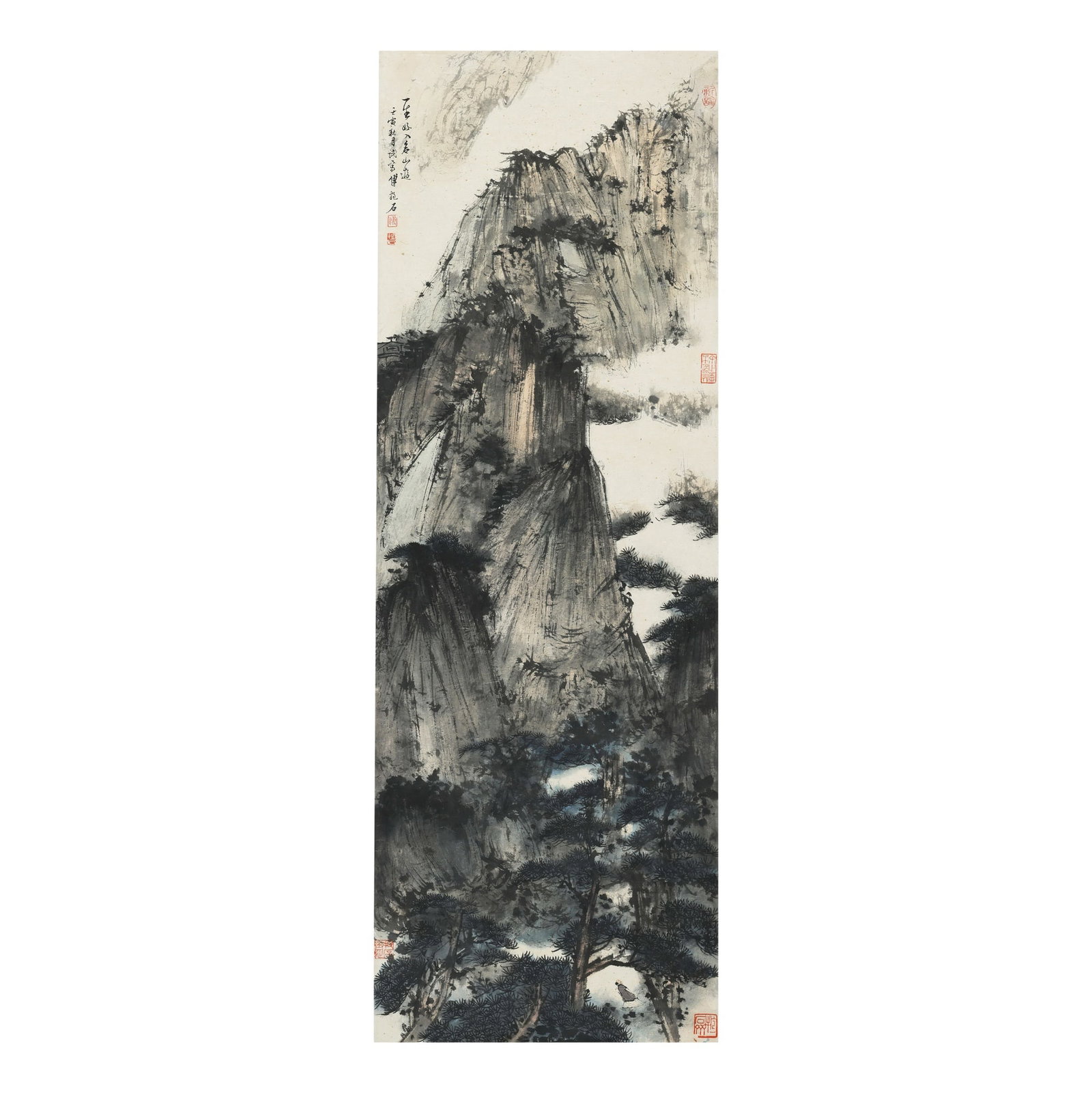 FU BAOSHI, LANDSCAPE PAINTING HANGING SCROLL, INK ON PAPER: Dimensions: 46 1/2 x 16 1/8 in Fu Baoshi's artistic achievements transformed modern Chinese landscape painting through a highly personal synthesis of classical scholarship and expressive innovation.