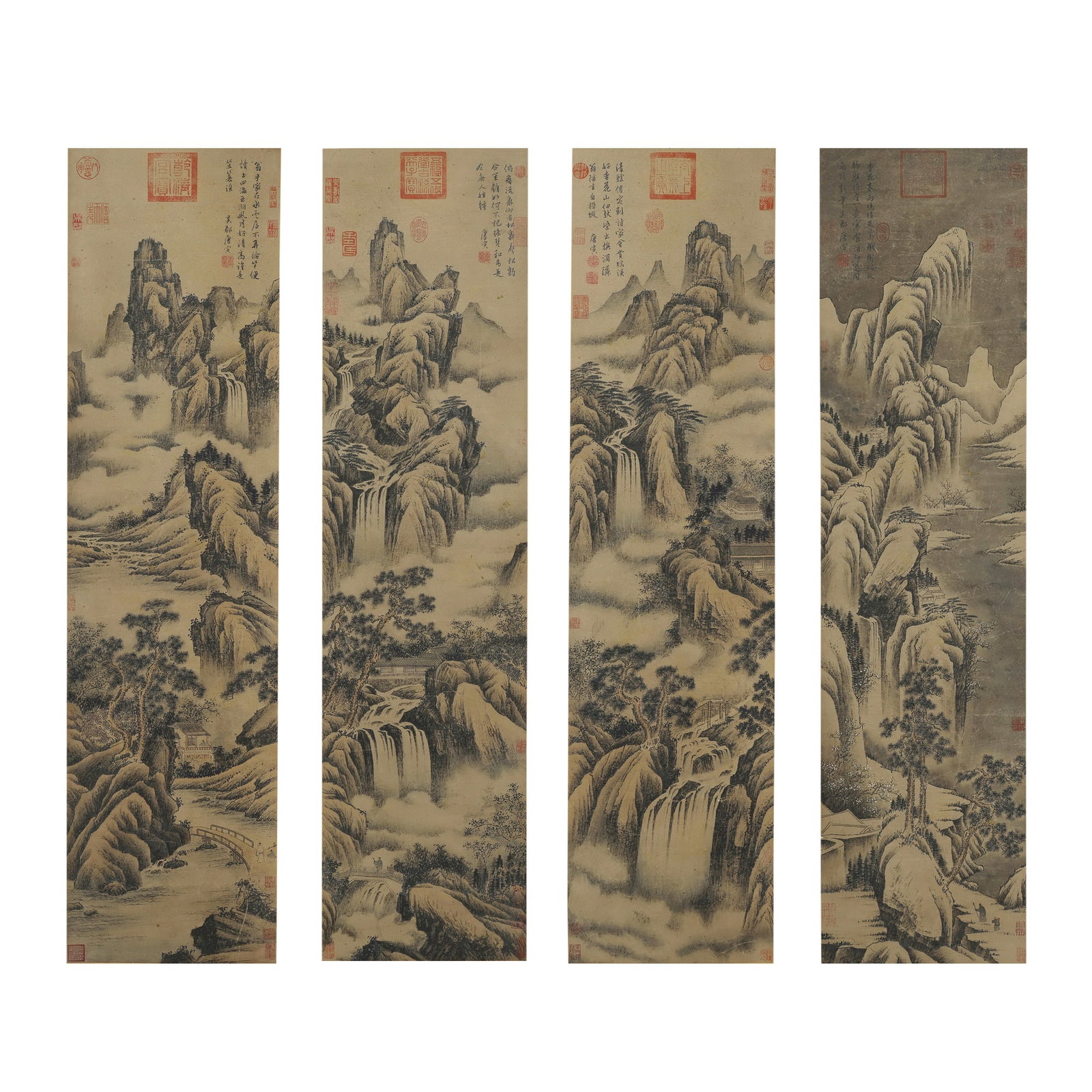 TANG YIN, FIGURE PAINTING FOUR-PANEL SCREEN, INK ON PAPER: Set of 4, each measuring 54 3/8 x 14 1/8 in Tang Yin remains one of the most celebrated painters of the Ming dynasty, renowned for his elegant figure compositions, lyrical landscapes, and refined
