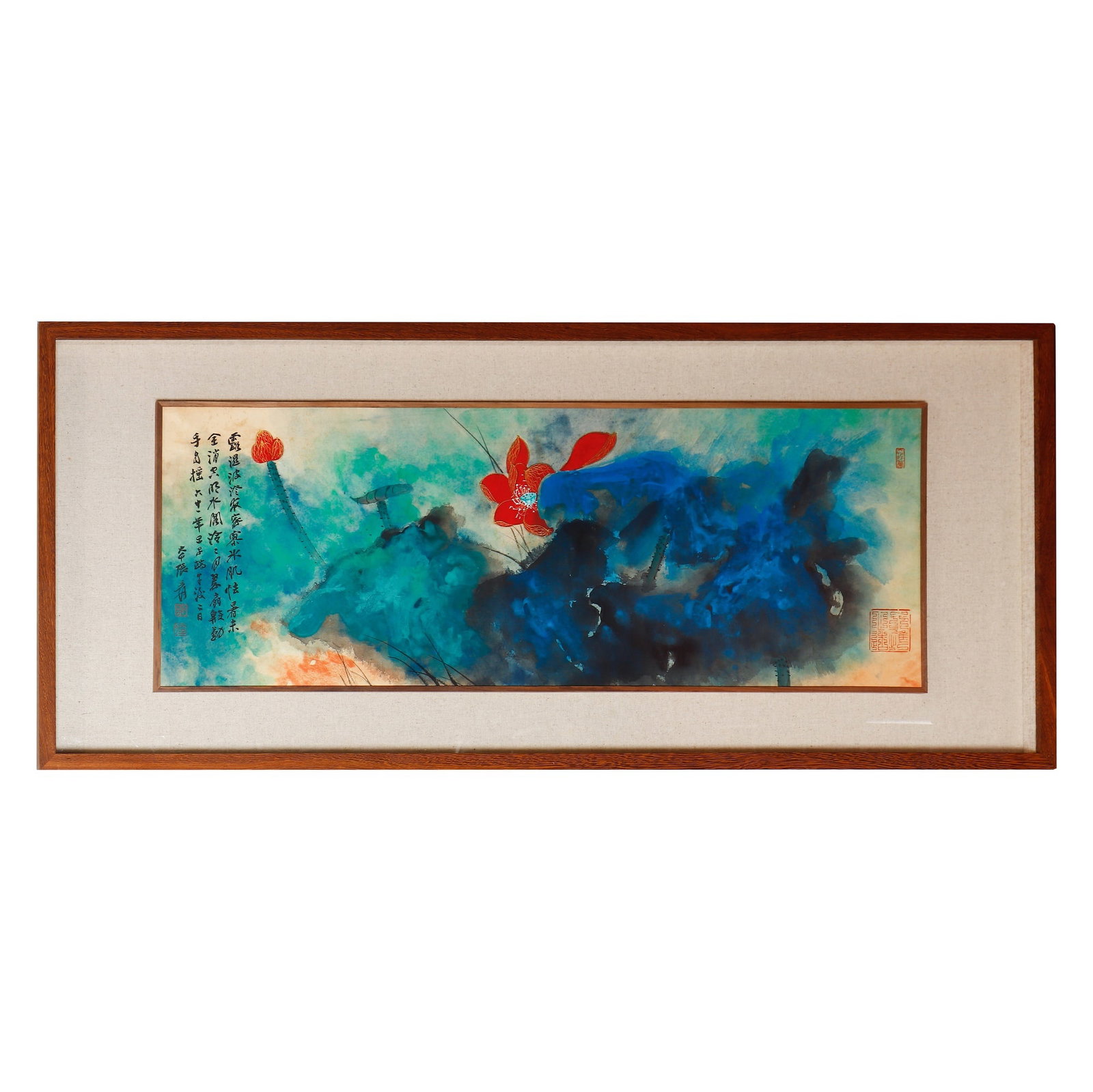 ZHANG DAQIAN, SPLASH-COLOR LOTUS PAINTING, INK AND COLOR ON PAPER: Dimensions: 36 5/8 x 13 3/8 in; framed dimensions 48 3/8 x 20 7/8 in Zhang Daqian's exploration of splash-color techniques revitalized modern Chinese painting through a dramatic fusion of