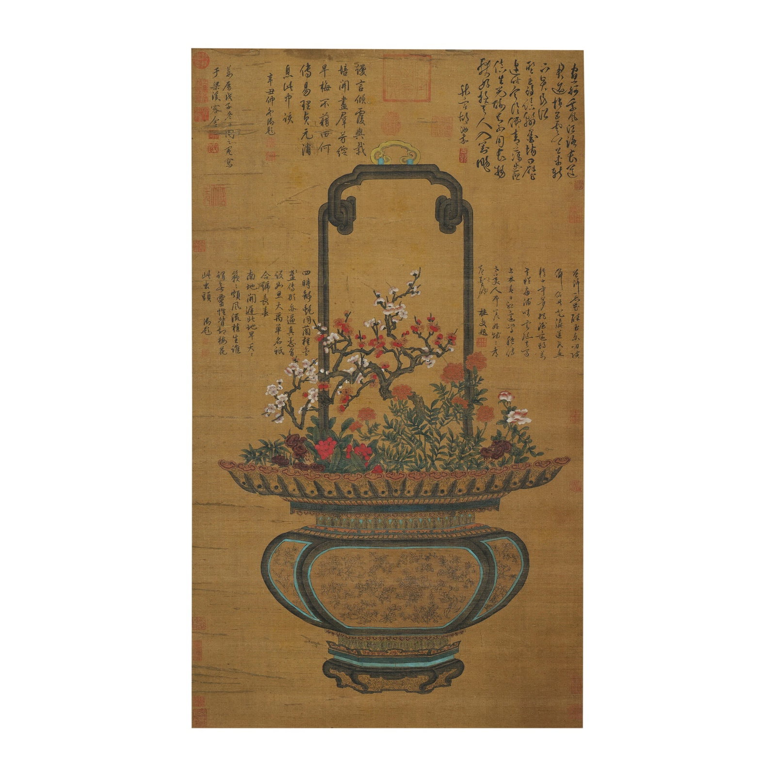 ZHOU ZHIMIAN, FLOWER BASKET PAINTING HANGING SCROLL, INK AND COLOR ON SILK: Dimensions: 49 1/4 x 25 5/8 in Zhou Zhimian occupies an important position within Ming dynasty flower-and-bird painting, celebrated for his refined decorative sensibility and elegant integration of