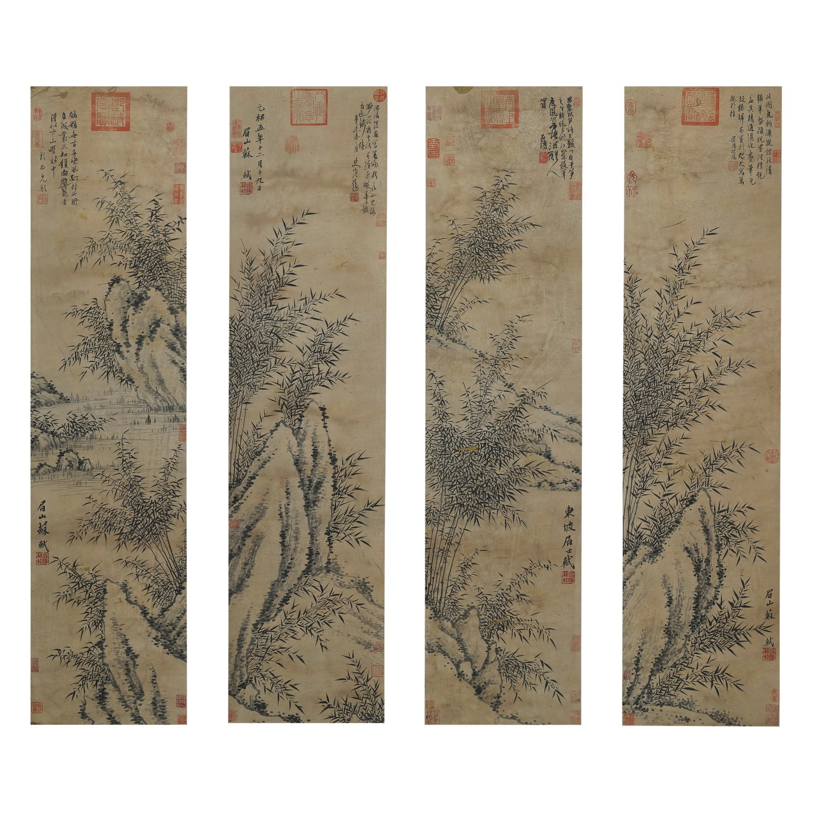 SU SHI, BAMBOO PAINTING FOUR-PANEL SCREEN, INK ON PAPER: Set of 4, each measuring 53 1/2 x 13 3/8 in Su Shi occupies a foundational position within the history of Chinese literati culture, celebrated not only for his poetry and calligraphy but also for the