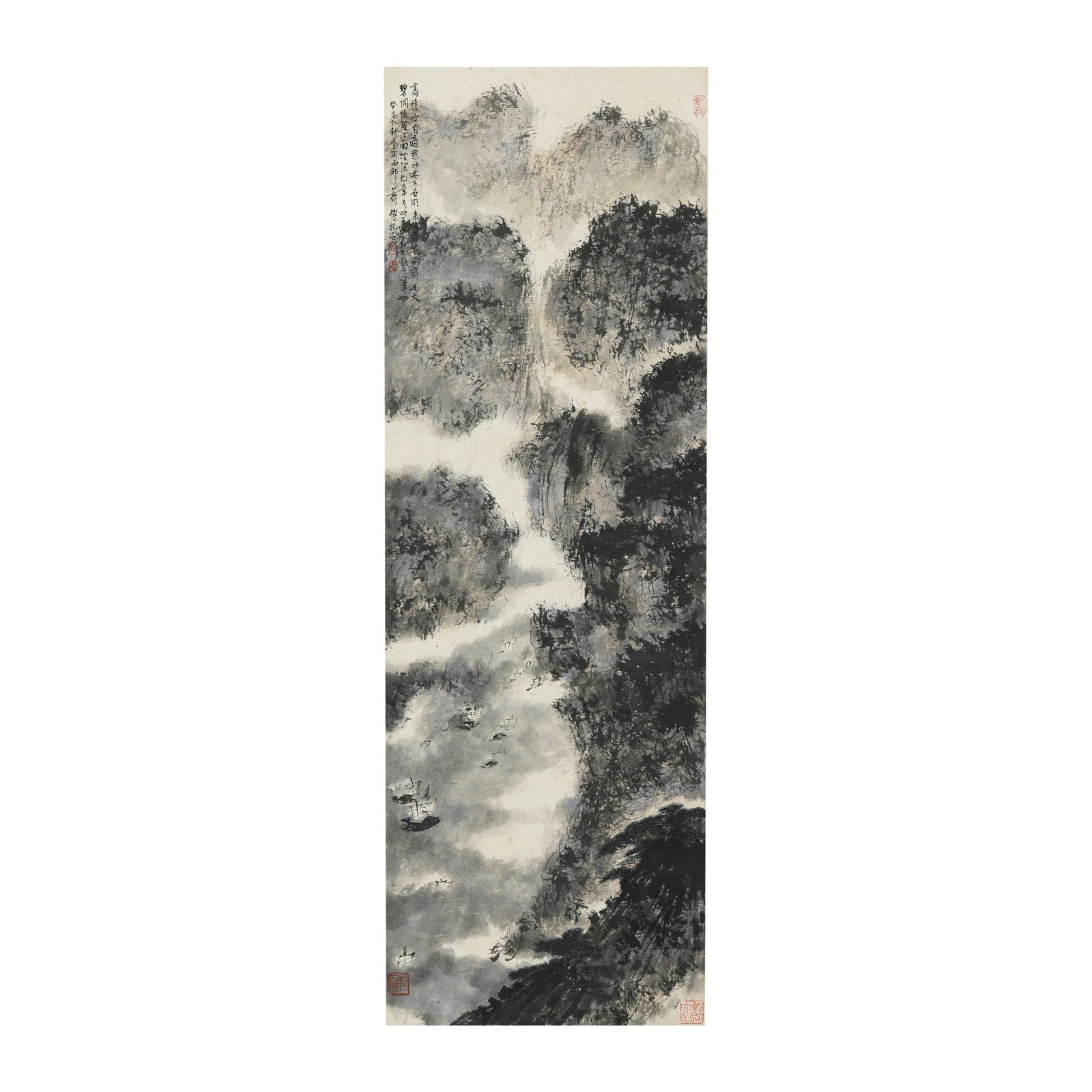FU BAOSHI, LANDSCAPE PAINTING HANGING SCROLL, INK ON PAPER: Dimensions: 46 1/2 x 16 1/8 in Fu Baoshi stands among the defining masters of twentieth-century Chinese ink painting, renowned for his emotionally charged landscapes and highly individual brush