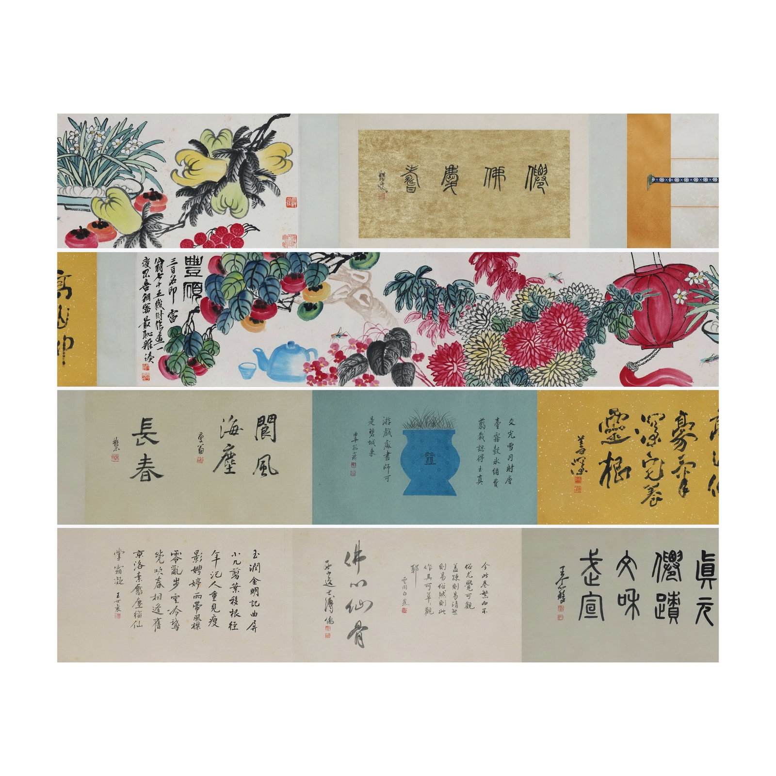 QI BAISHI, FLOWER-AND-BIRD PAINTING HANDSCROLL, INK AND COLOR ON PAPER: Dimensions: 96 1/2 x 16 1/8 in; overall length approximately 28 ft Qi Baishi's paintings occupy a central place within twentieth-century Chinese art, admired for their ability to transform ordinary