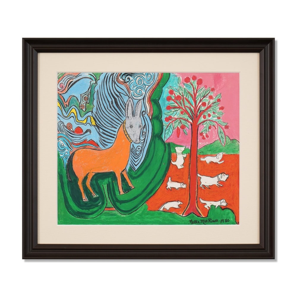 NELLIE MAE ROWE (1900-1982), PASTEL, CRAYON AND GRAPHITE ON PAPER: Signed (lower right) Image Dimensions: 14 1/8 x 16 7/8 in (36 x 43 cm) Framed Dimensions: 20 1/4 x 23 in (51.4 x 58.4 cm) Executed in 1980, this vibrant work belongs to the mature period of Nellie Mae