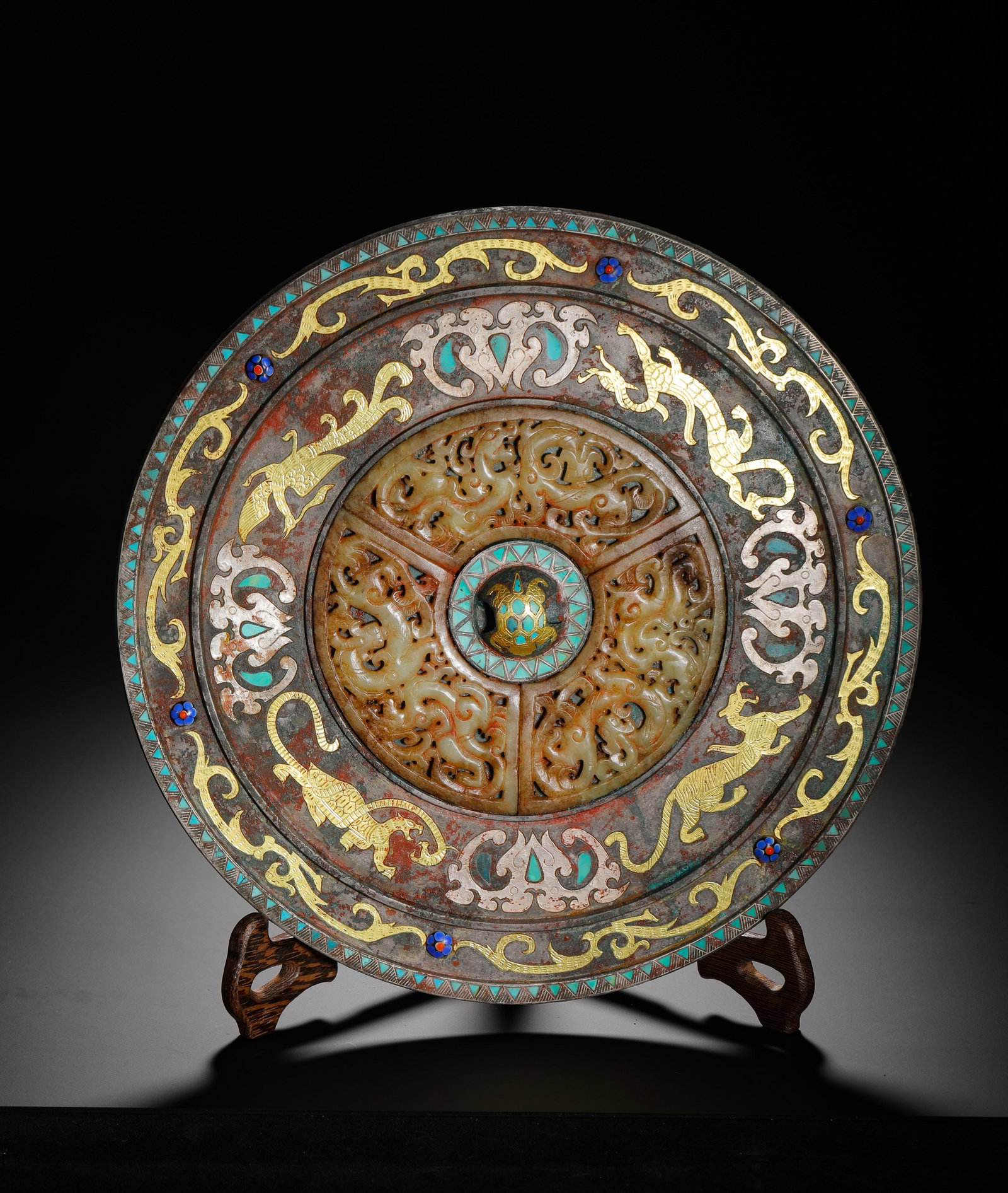 HAN DYNASTY COPPER INLAID GOLD AND SILVER INLAID TURQUOISE FOUR GODS BRONZE MIRROR (1 of 9)