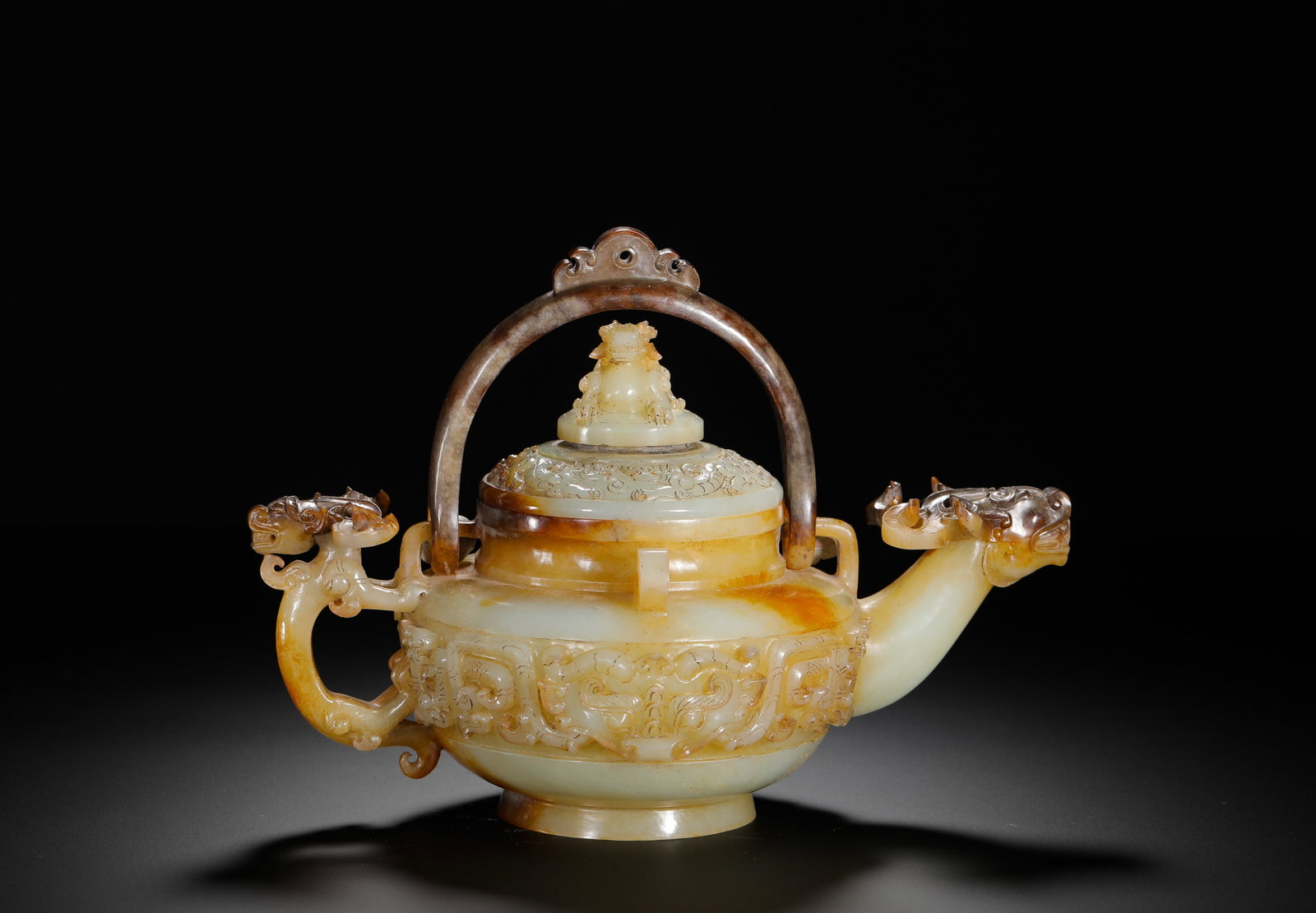 QING DYNASTY HETIAN WHITE JADE ANIMAL FACE PATTERNED HANDLE POT (1 of 13)
