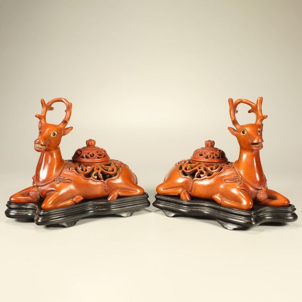 20th centuryPair of Huangyang wood-carved deer aroma diffusers (1 of 6)