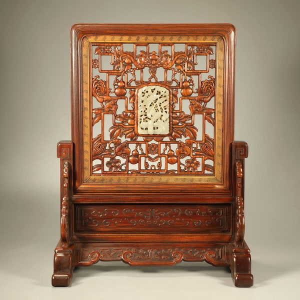 20th centuryYellow rosewood carved screen with auspicious symbols of longevity and fortune, inlaid (1 of 6)