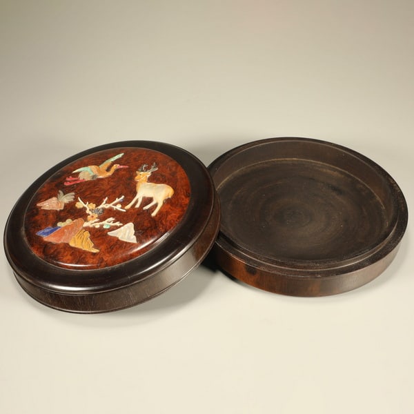 20th centuryRosewood inlaid with cherry wood, precious objects, crane and deer, depicting the (1 of 6)